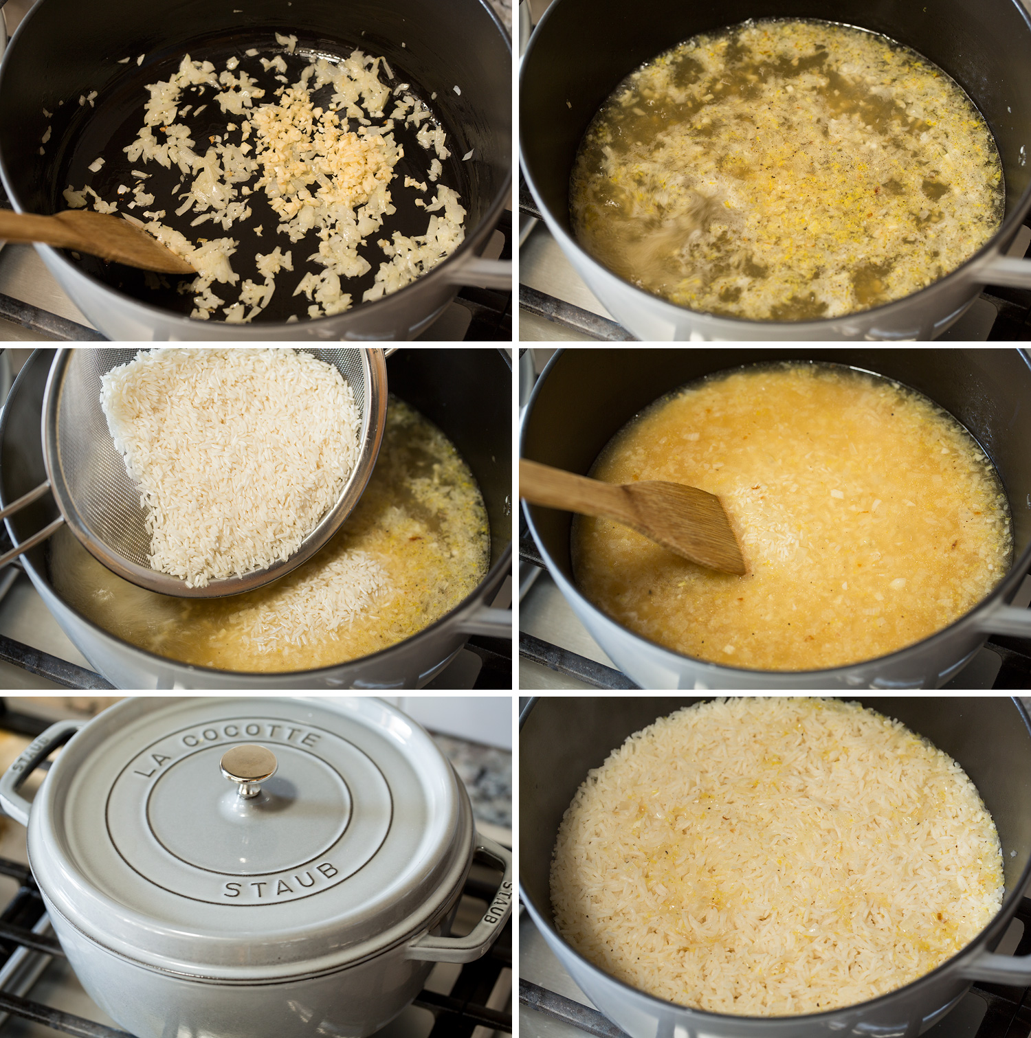 One Pot Shrimp and Rice Steps for making rice in pot.