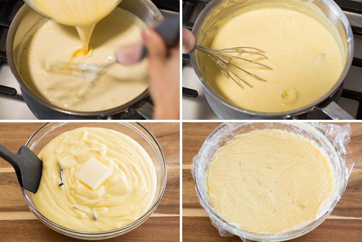 Banana Pudding Steps showing how to cook pudding on the stovetop in a saucepan.