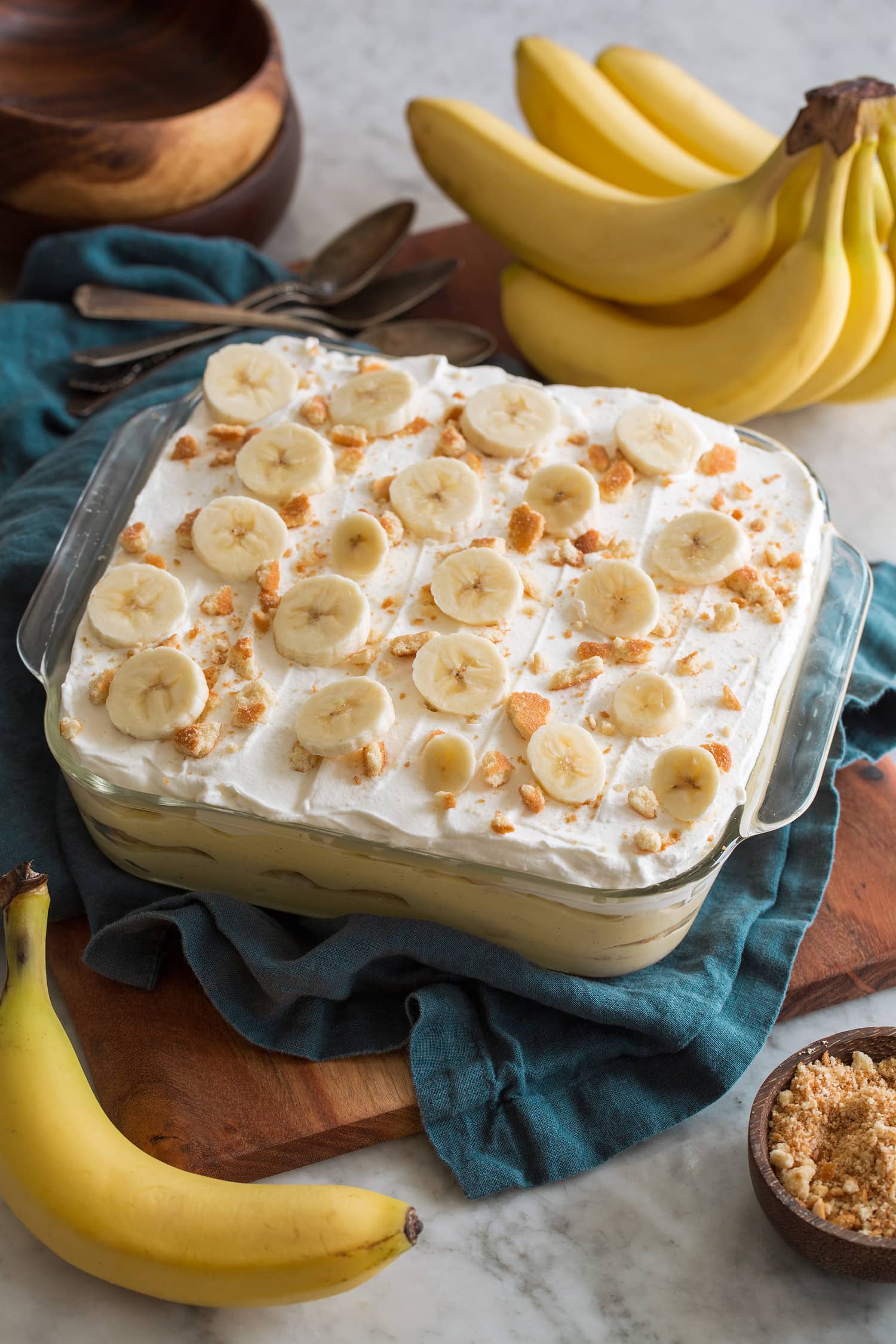 Banana Pudding Completed banana pudding in an 8 by 8 baking dish.