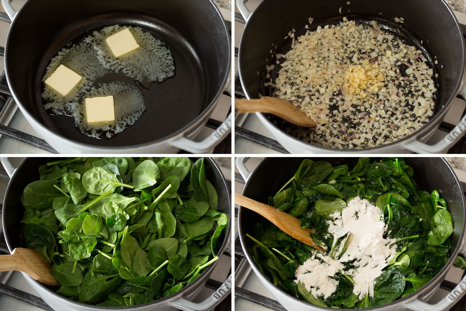Creamed Spinach Four photos showing how to saute shallot, garlic and spinach.