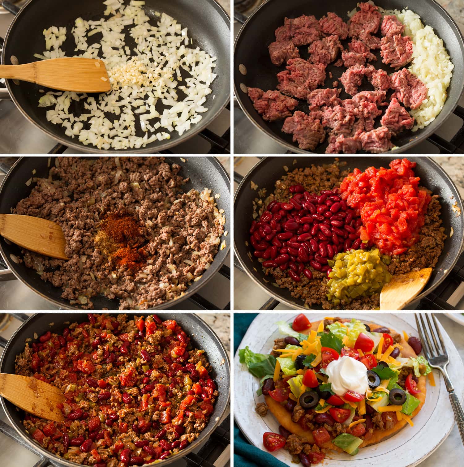 Navajo Tacos Six steps showing how to make navajo taco filling and layer onto fry bread.