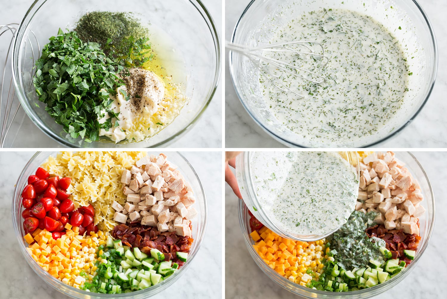 Chicken Pasta Salad Steps showing how to make dressing and toss with chicken pasta salad ingredients.