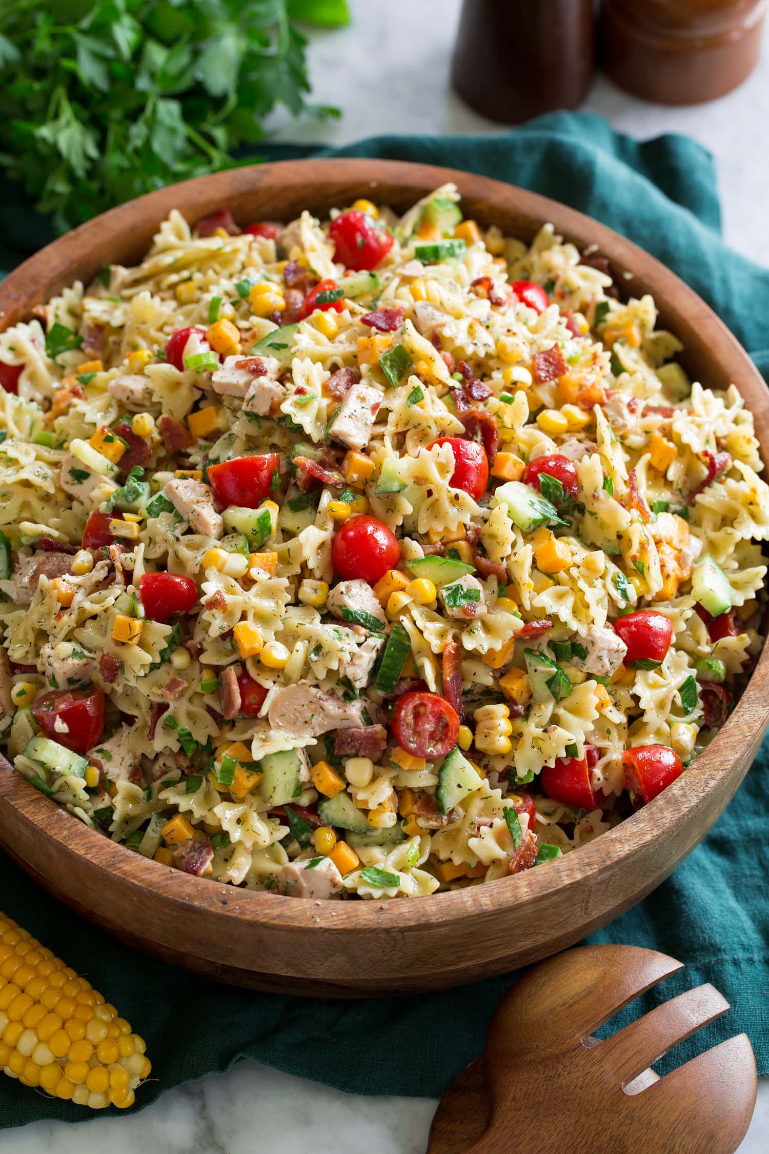 Chicken Pasta Salad Chicken Pasta Salad with bacon, cheddar and corn.