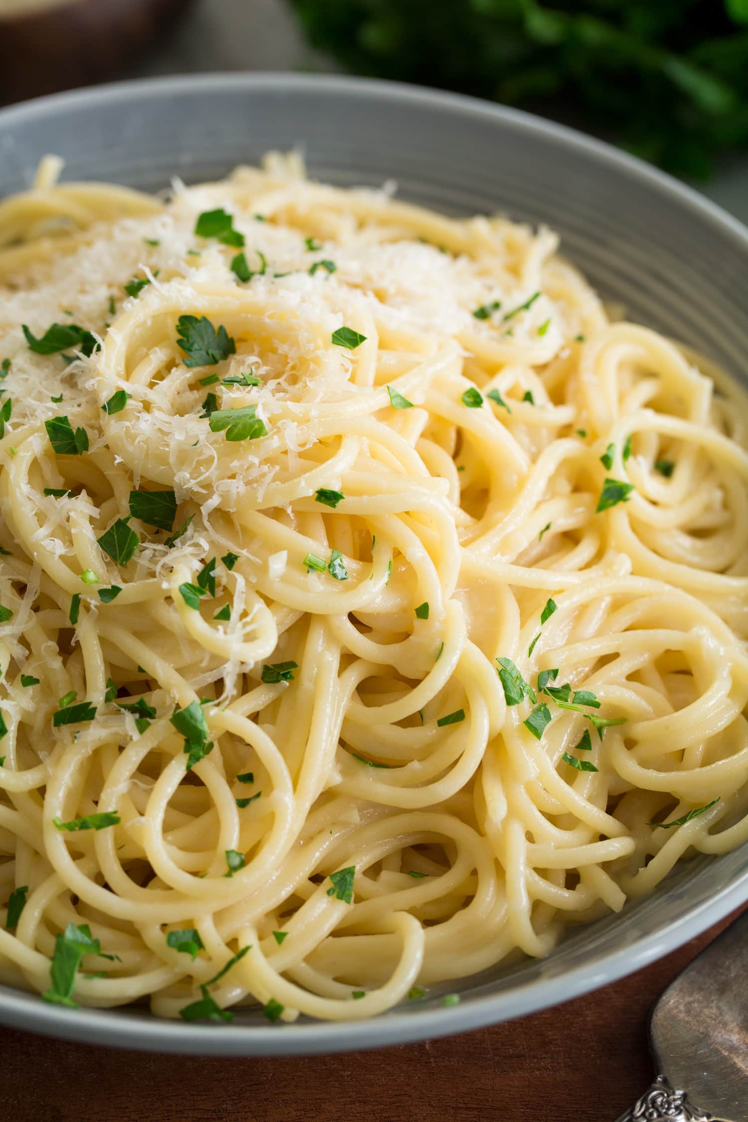 Garlic Parmesan Pasta Close up photo of spaghetti with garlic and parmesan.