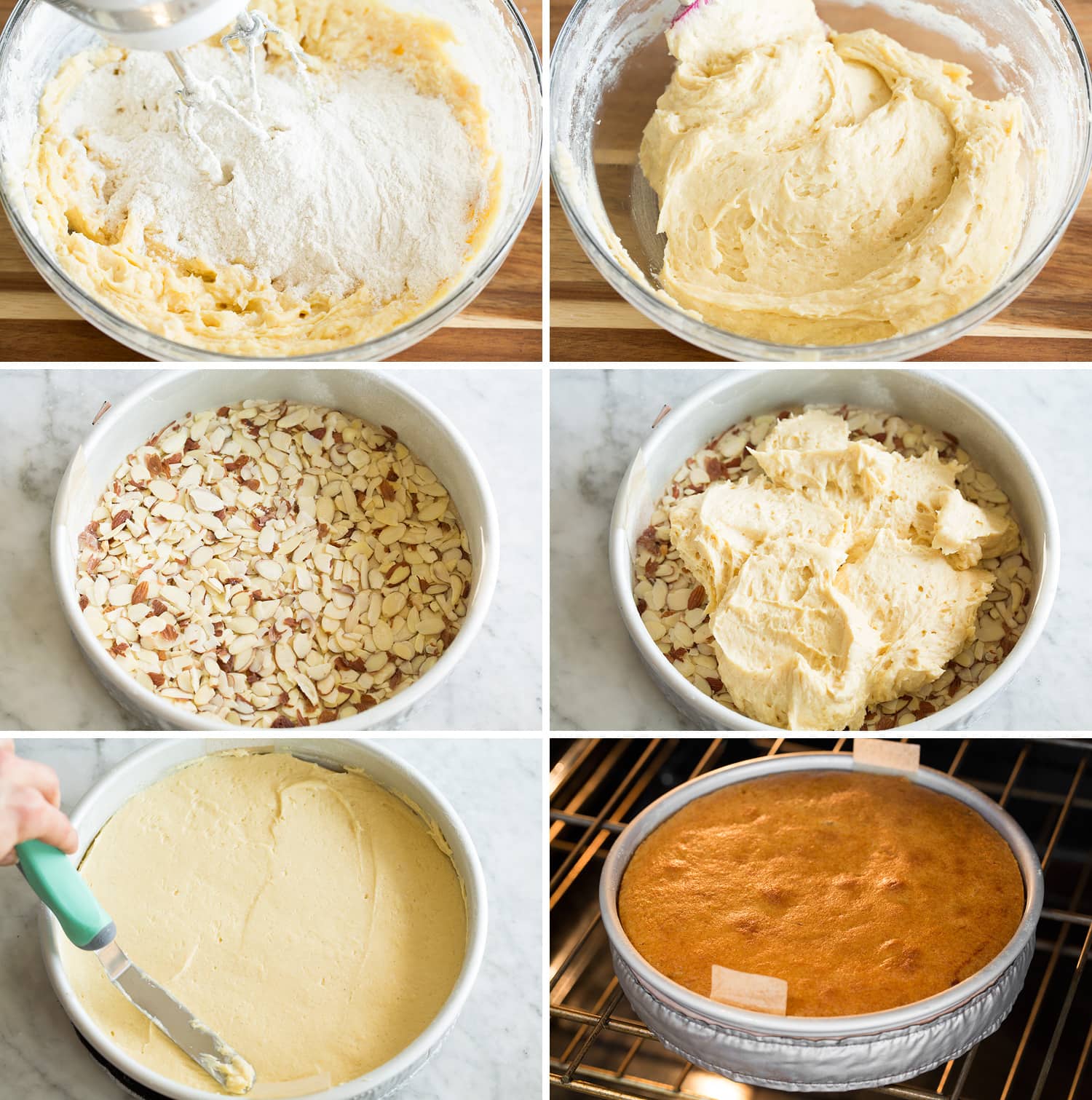Honey Cake Six steps showing how to finish batter and spread into prepared cake pan and bake.