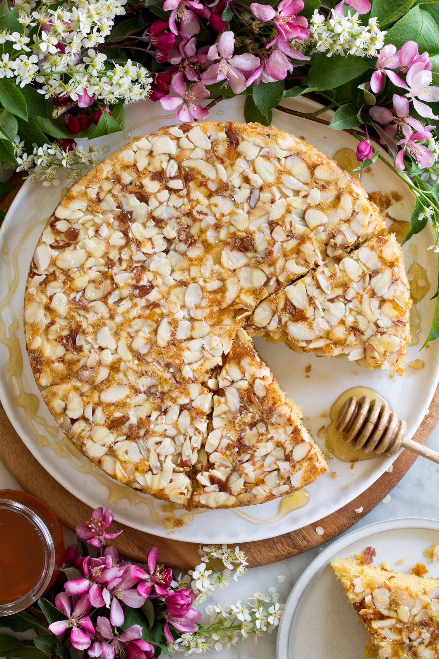 Honey Cake Honey cake surrounded by spring flowers.