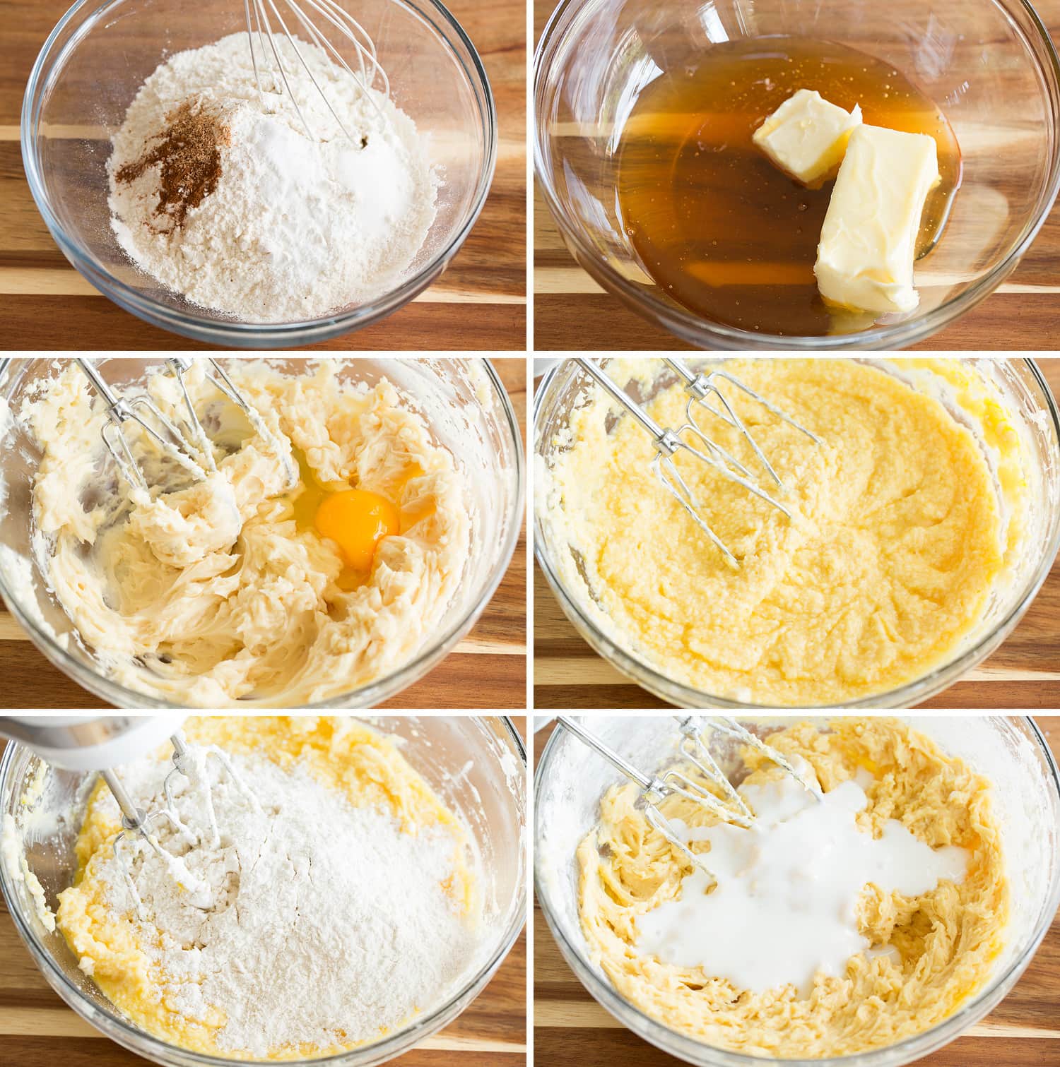 Honey Cake Six photos showing steps of making honey cake batter.
