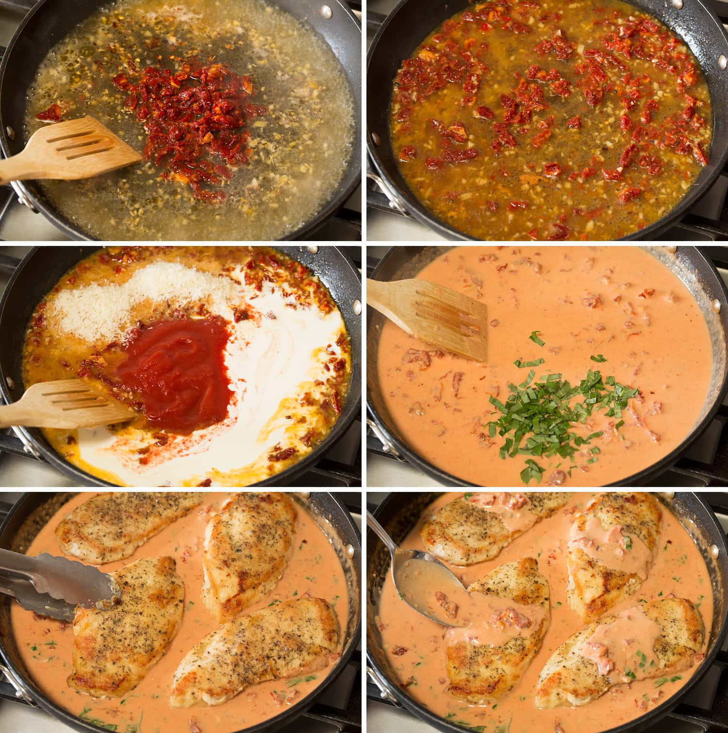 Marry Me Chicken Six steps showing how to make marry me sauce.