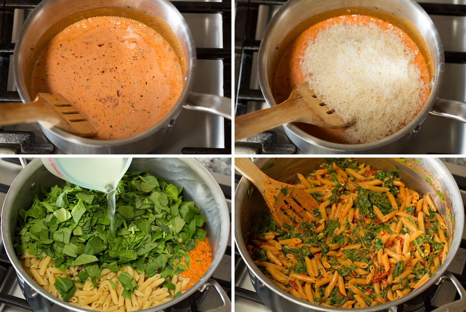 Sun Dried Tomato Pasta Pasta being tossed with sun dried tomato sauce and spinach.