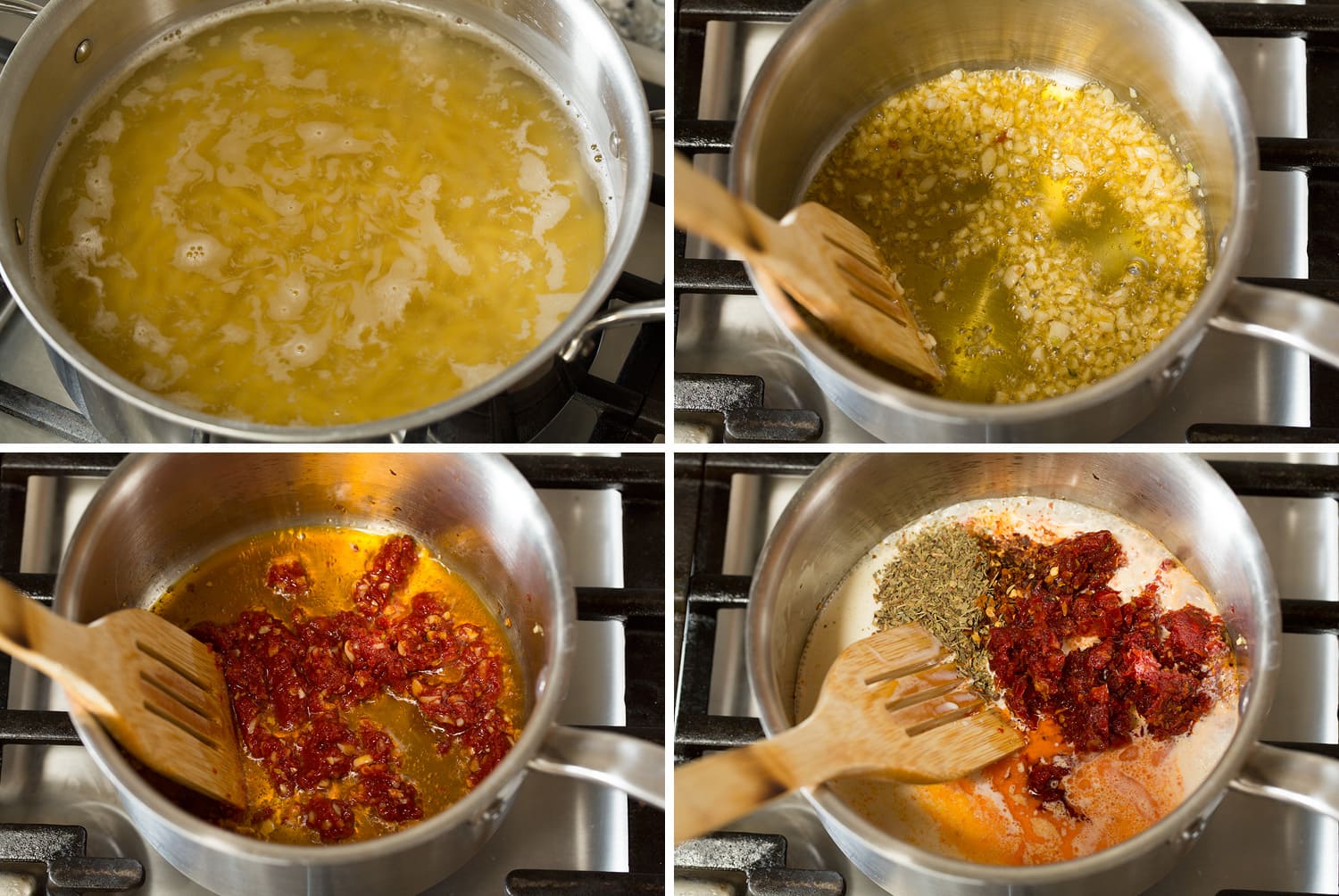Sun Dried Tomato Pasta Making sun dried tomato pasta in saucepan.