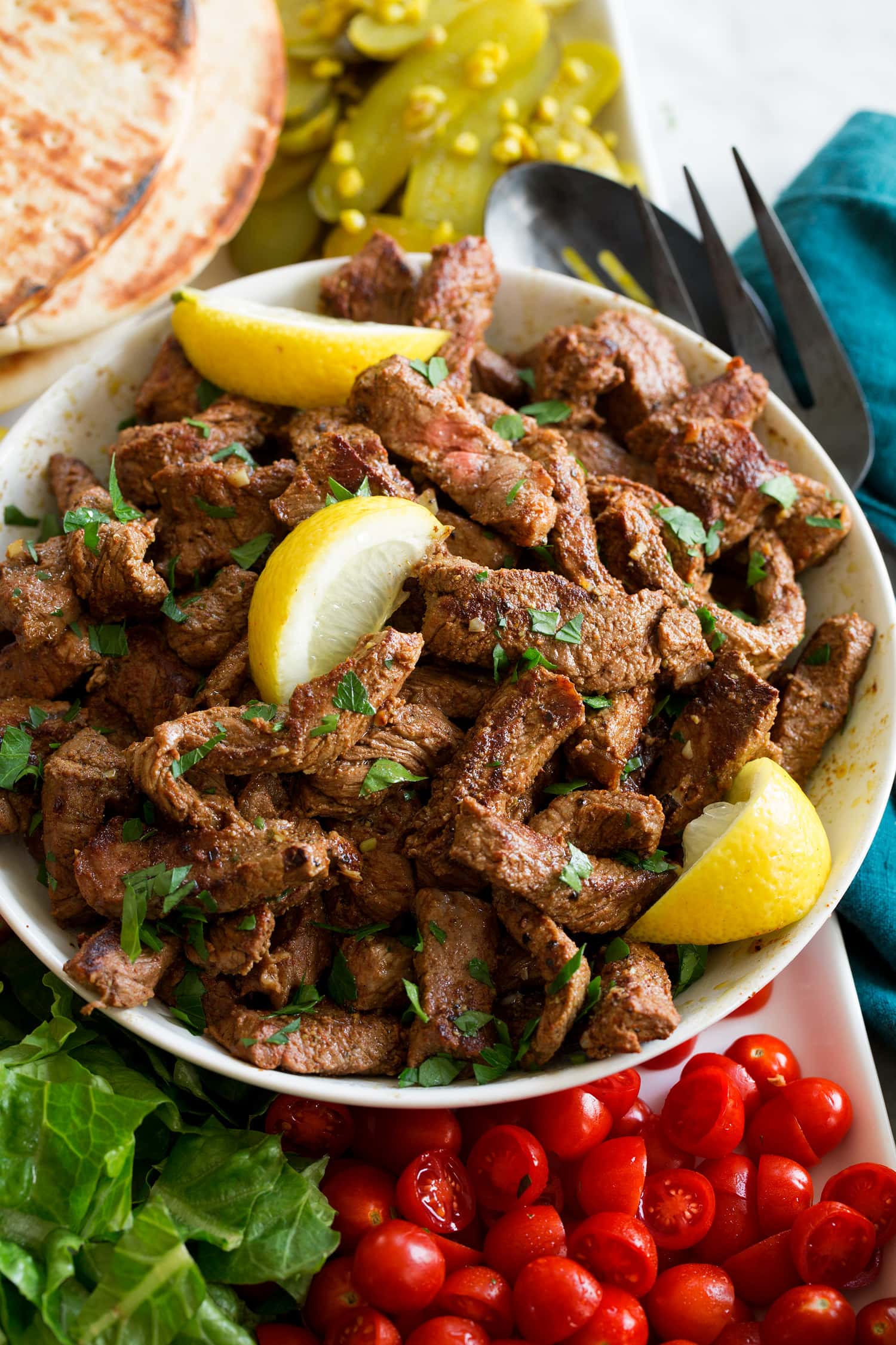 Beef Shawarma Close up photo of beef shawarma steak strips.