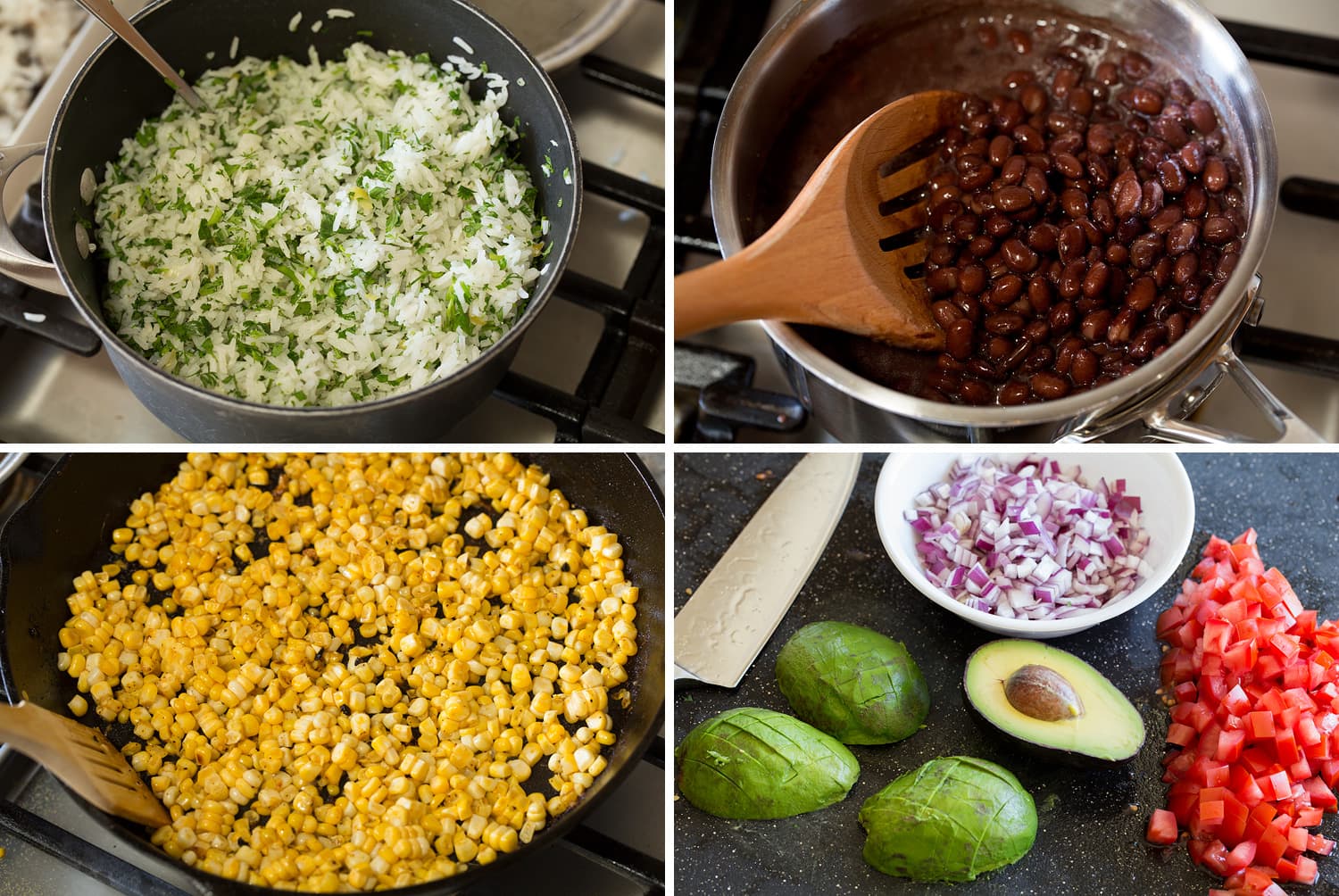 Chicken Burrito Bowls Making toppings for burrito bowl.