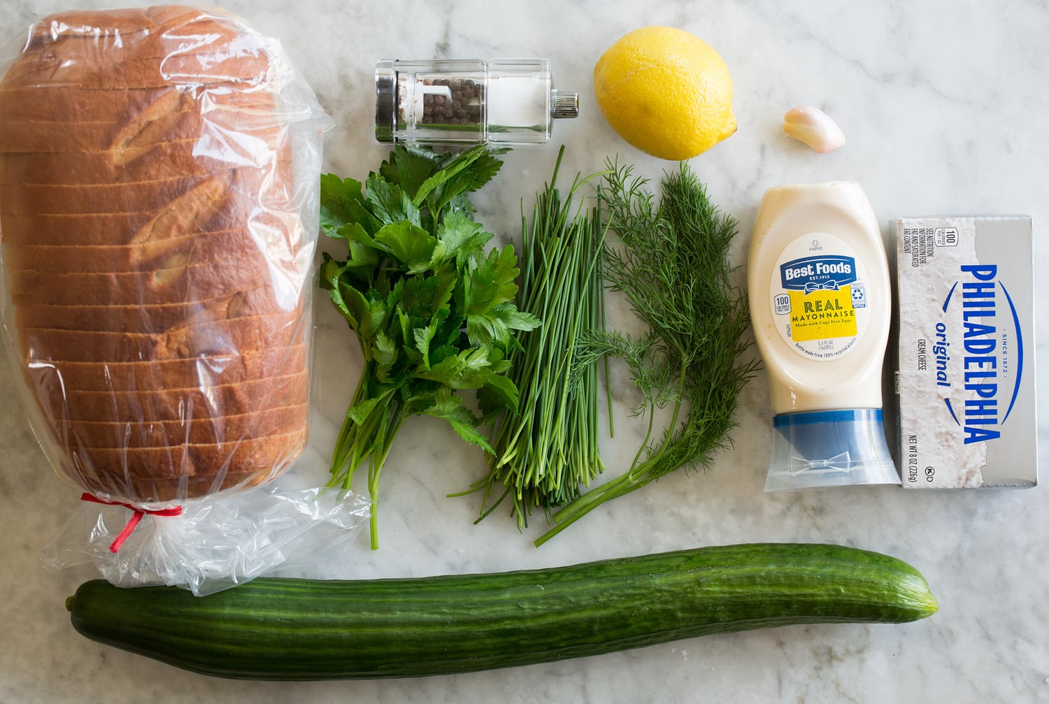 Cucumber Sandwiches Ingredients used to make cucumber sandwiches.