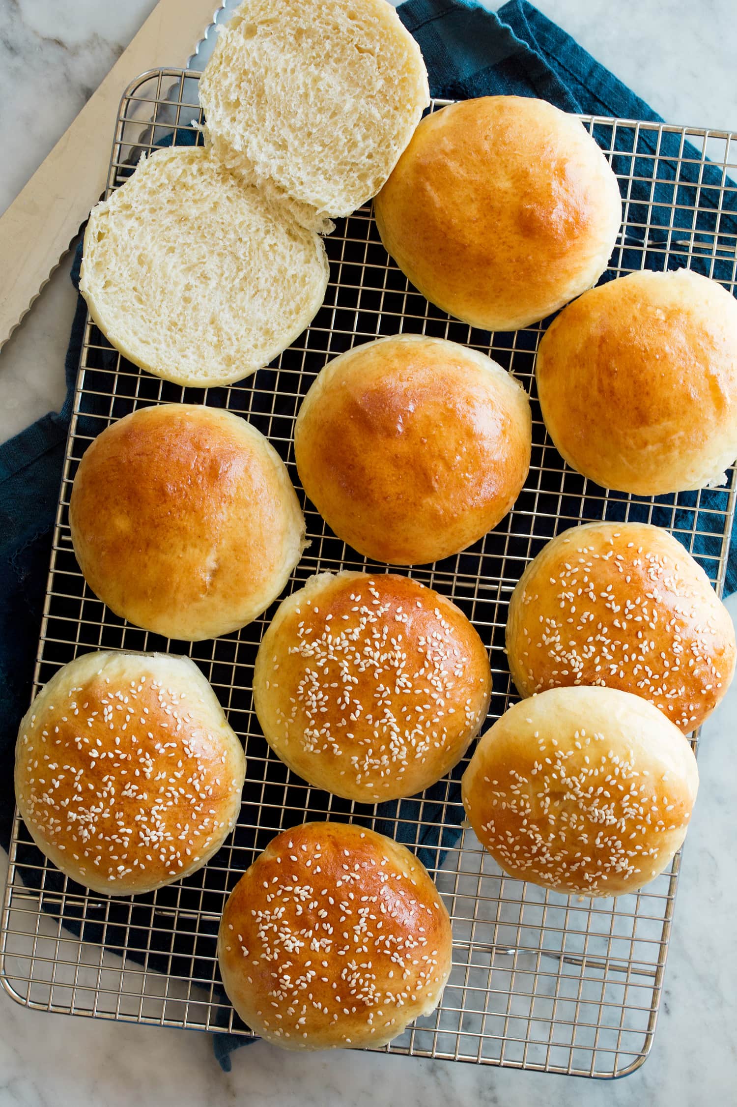 Homemade Hamburger Buns Overhead photo of fresh burger buns.