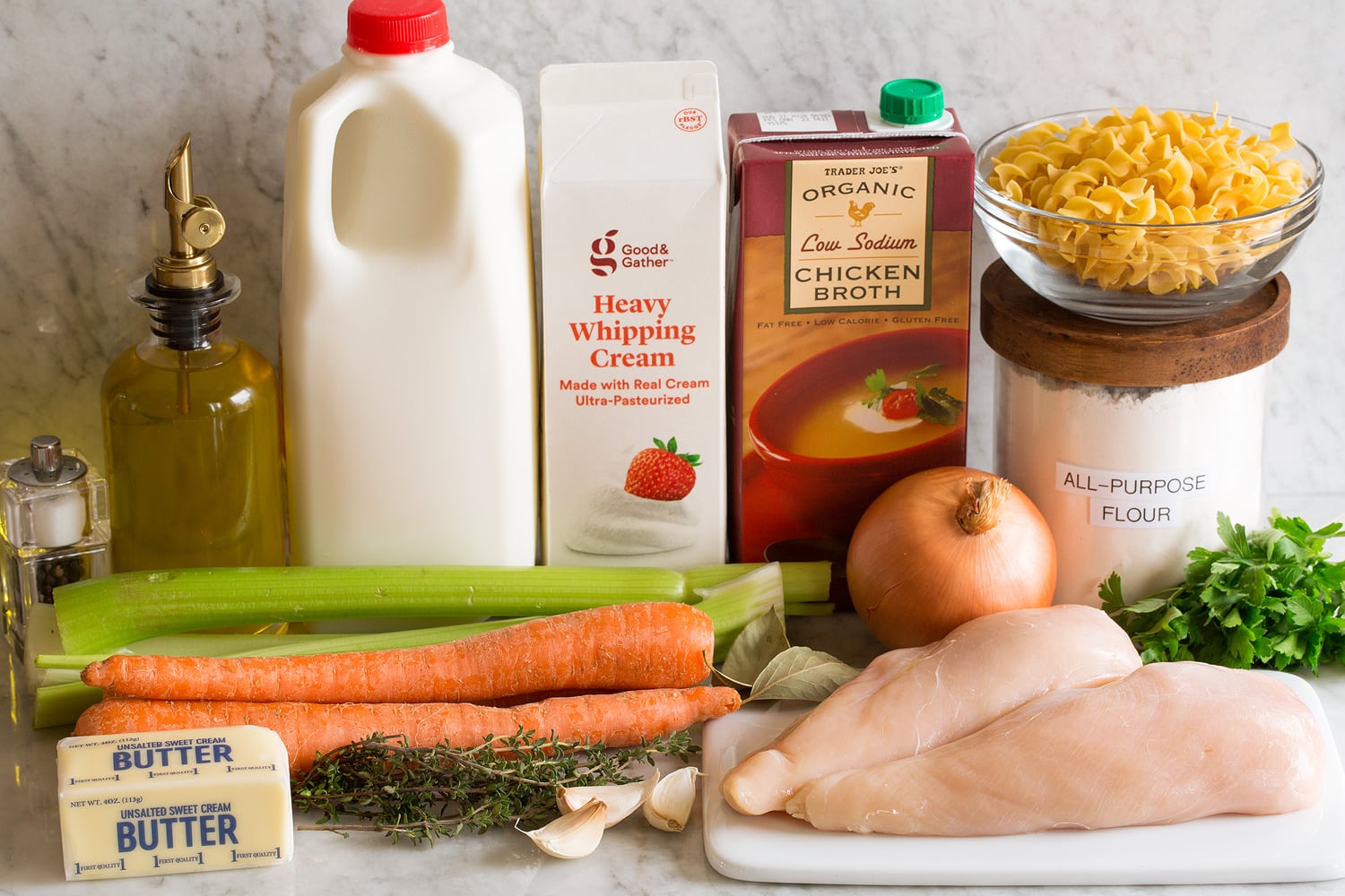 Creamy Chicken Noodle Soup Ingredients needed to make creamy chicken noodle soup.