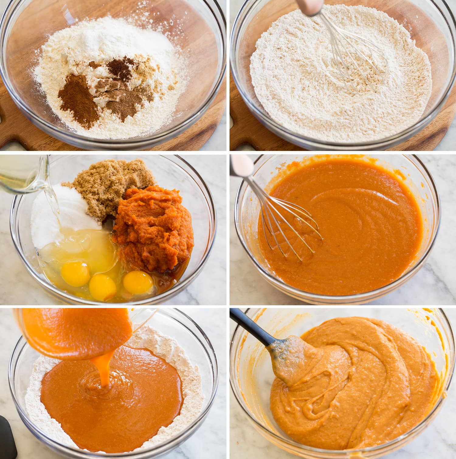 Pumpkin Donuts Six photos showing how to make pumpkin donut recipe batter.