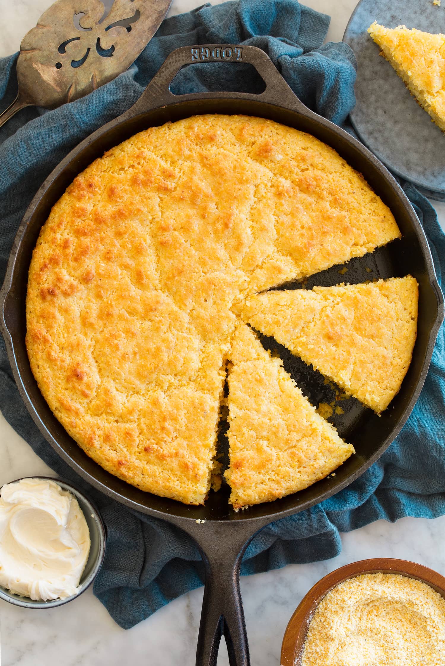 Southern Skillet Cornbread Overhead photo of cornbread in a cast iron skillet.