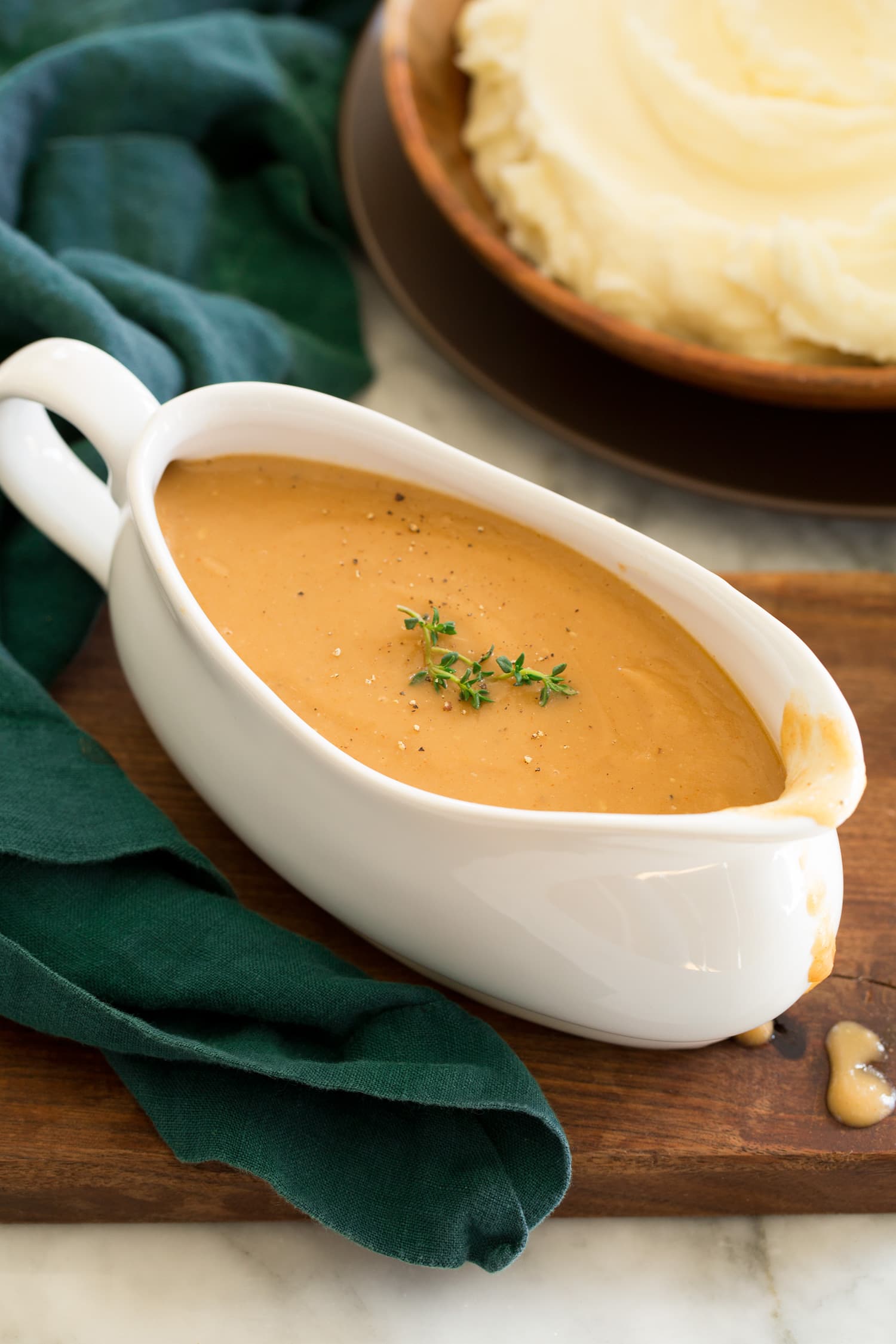 Chicken Gravy Homemade chicken gravy in a gravy dish.