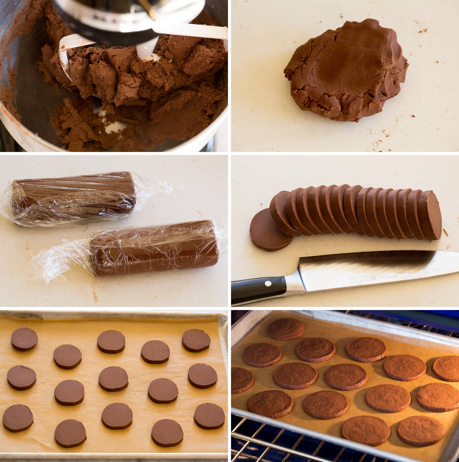 Chocolate Shortbread Cookies Continued six steps showing how to shape, slice and bake shortbread cookies.