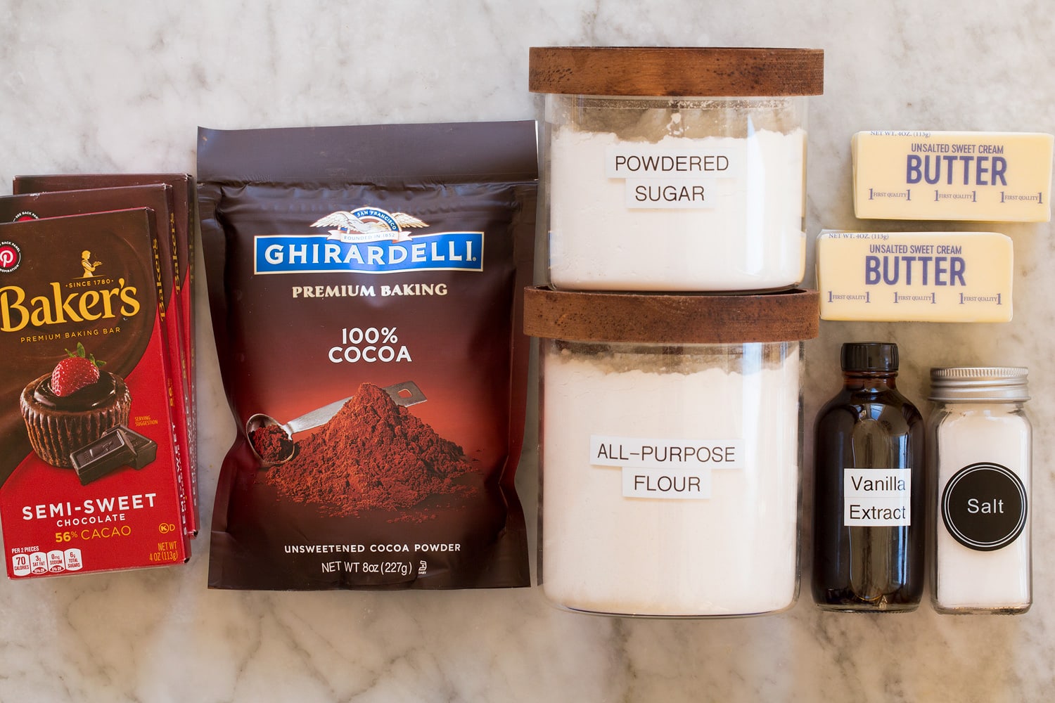 Chocolate Shortbread Cookies Ingredients used for chocolate shortbread cookies.