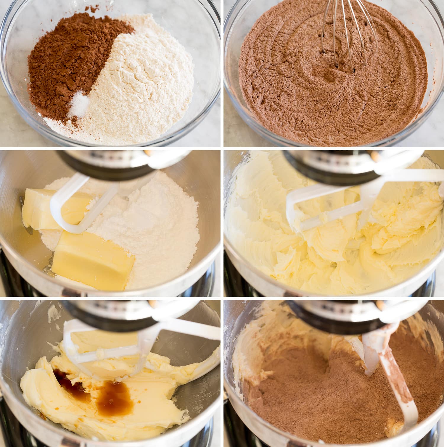 Chocolate Shortbread Cookies Six steps showing how to prepare chocolate shortbread cookie dough.
