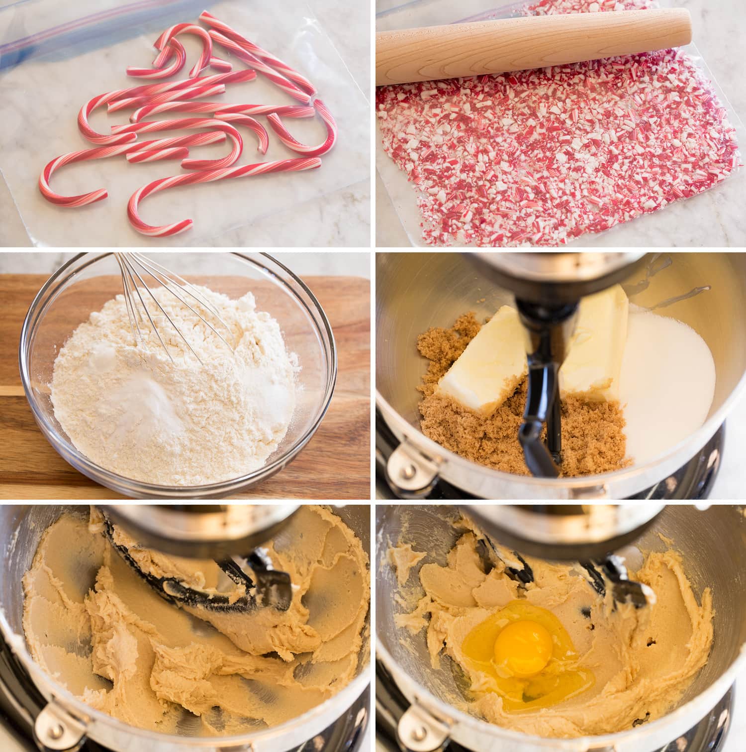 Peppermint White Chocolate Chip Cookies First steps of making peppermint cookie dough. with peppermint candy canes, four mixture and butter sugar mixture.