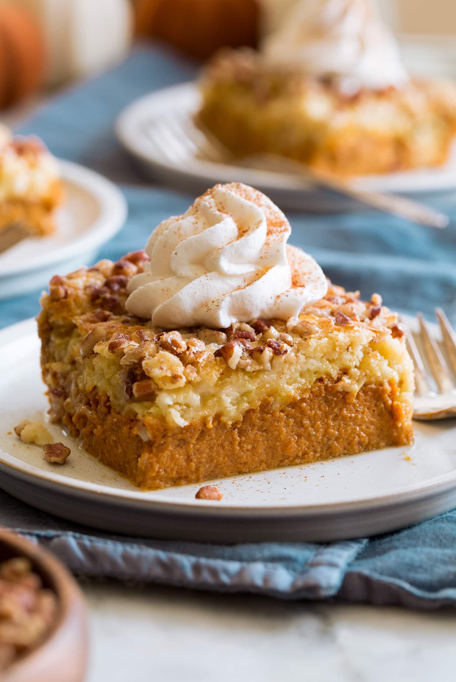 Pumpkin Dump Cake Single slice of pumpkin dump cake shown decorated with a swirl of whipped cream and cinnamon.