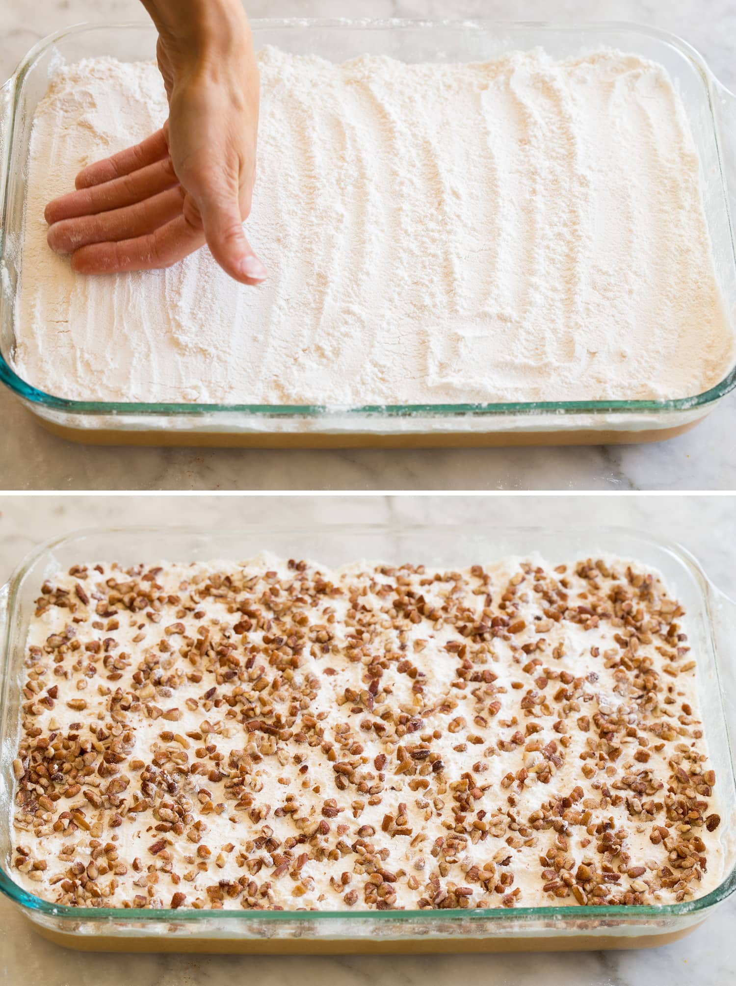 Pumpkin Dump Cake Layering cake mix and pecans for cake.