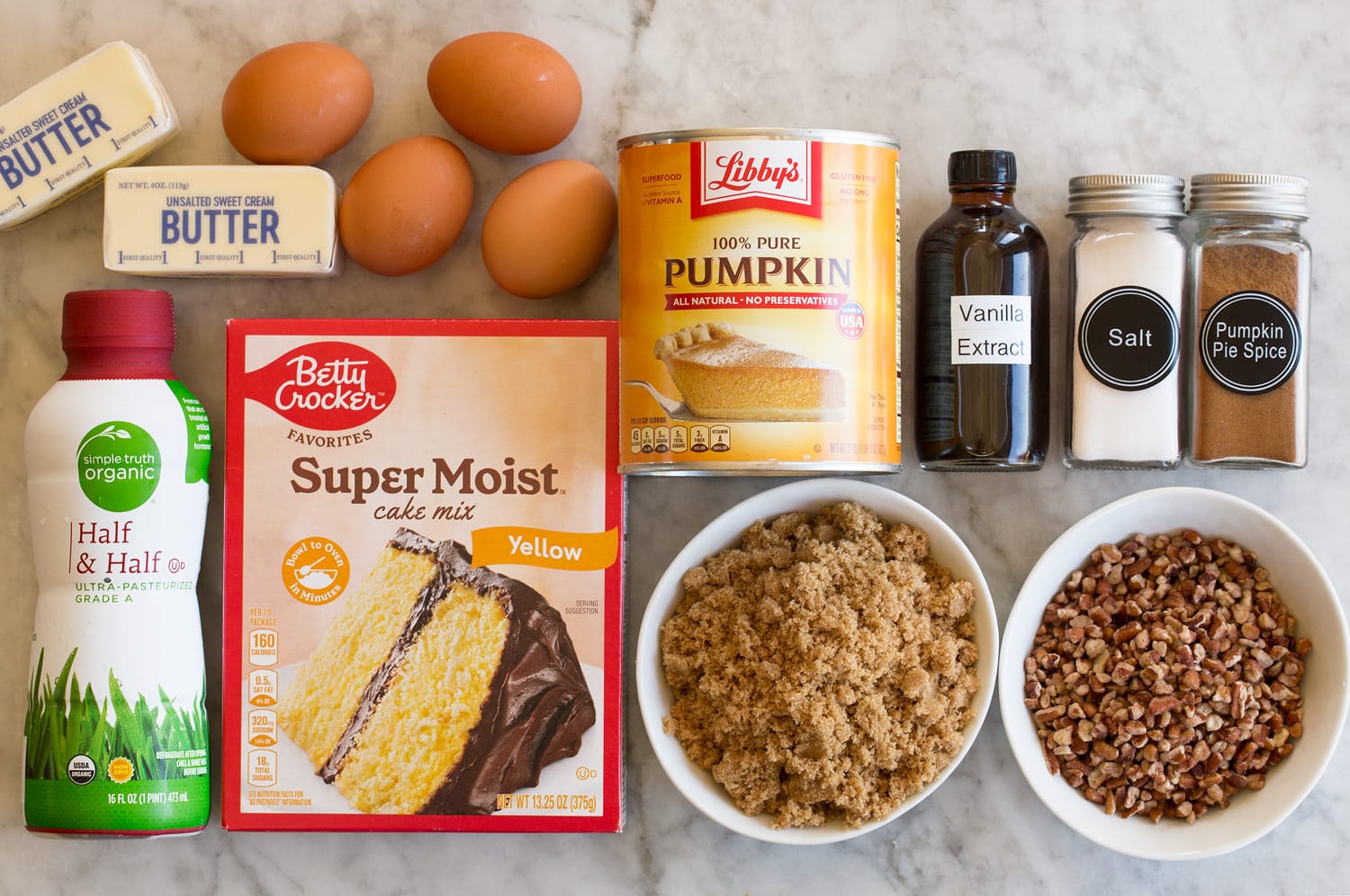 Pumpkin Dump Cake Ingredients needed for pumpkin dump cake.