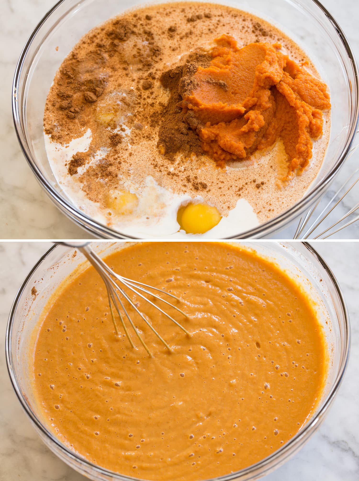 Pumpkin Dump Cake Mixing pumpkin pie filling for dump cake.