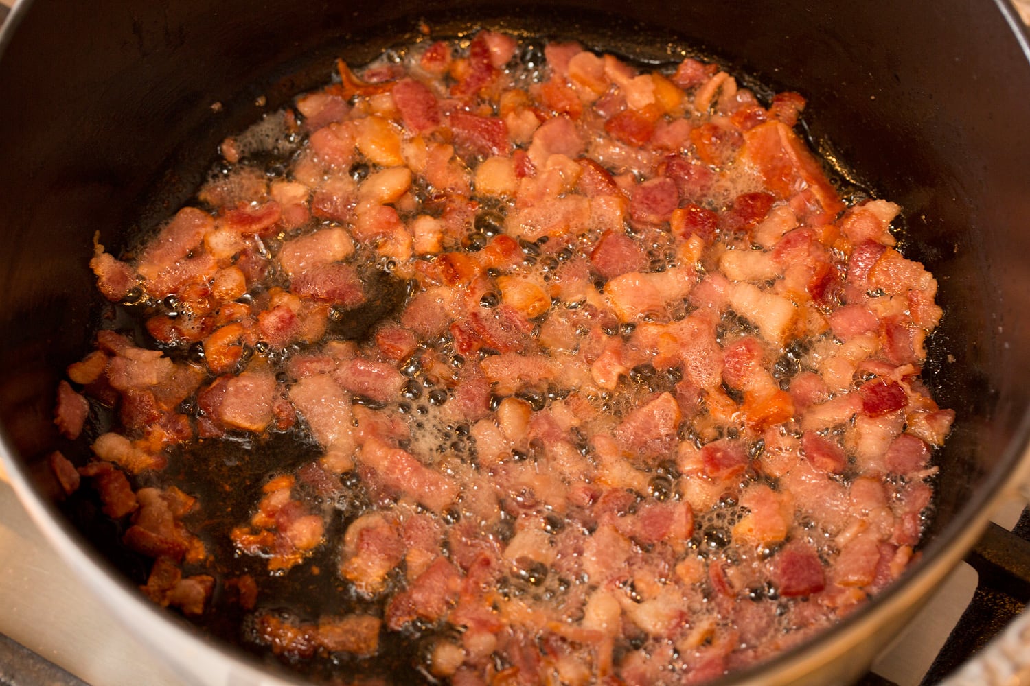 Baked Potato Soup Cooked bacon in pot.