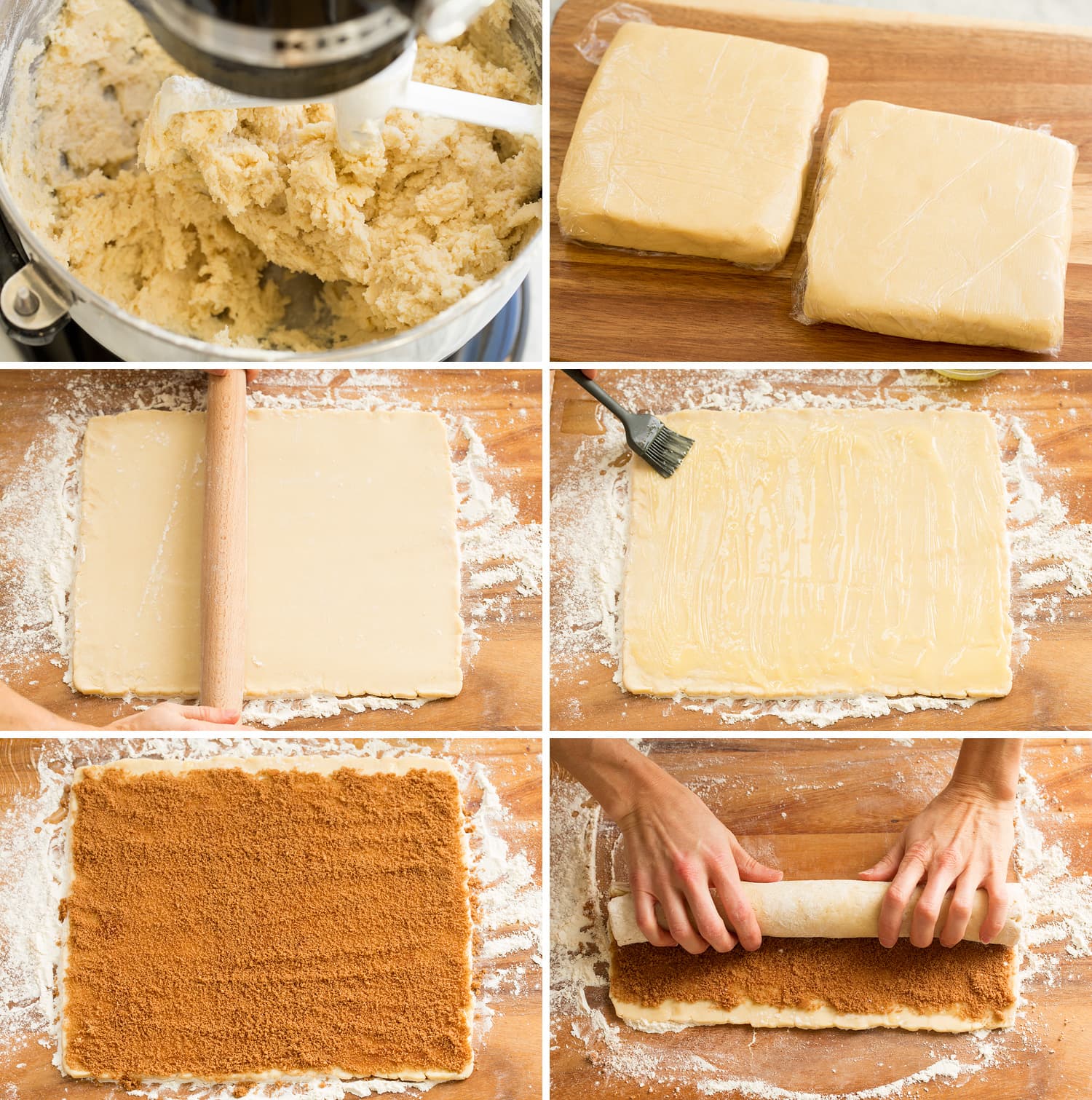 Cinnamon Roll Cookies Steps of shaping dough with cinnamon sugar.