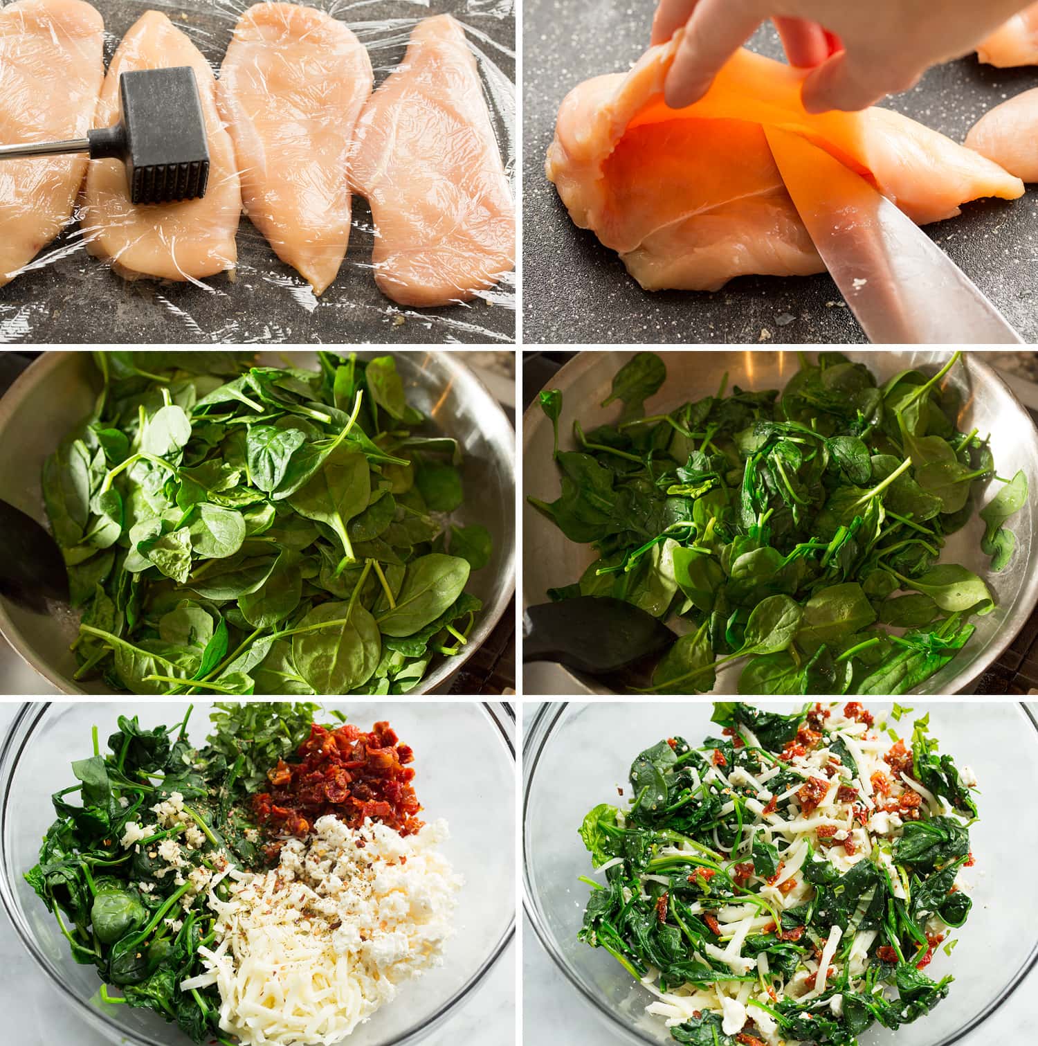 Stuffed Chicken Breasts Steps showing how to prep chicken breasts and make spinach cheese filling.