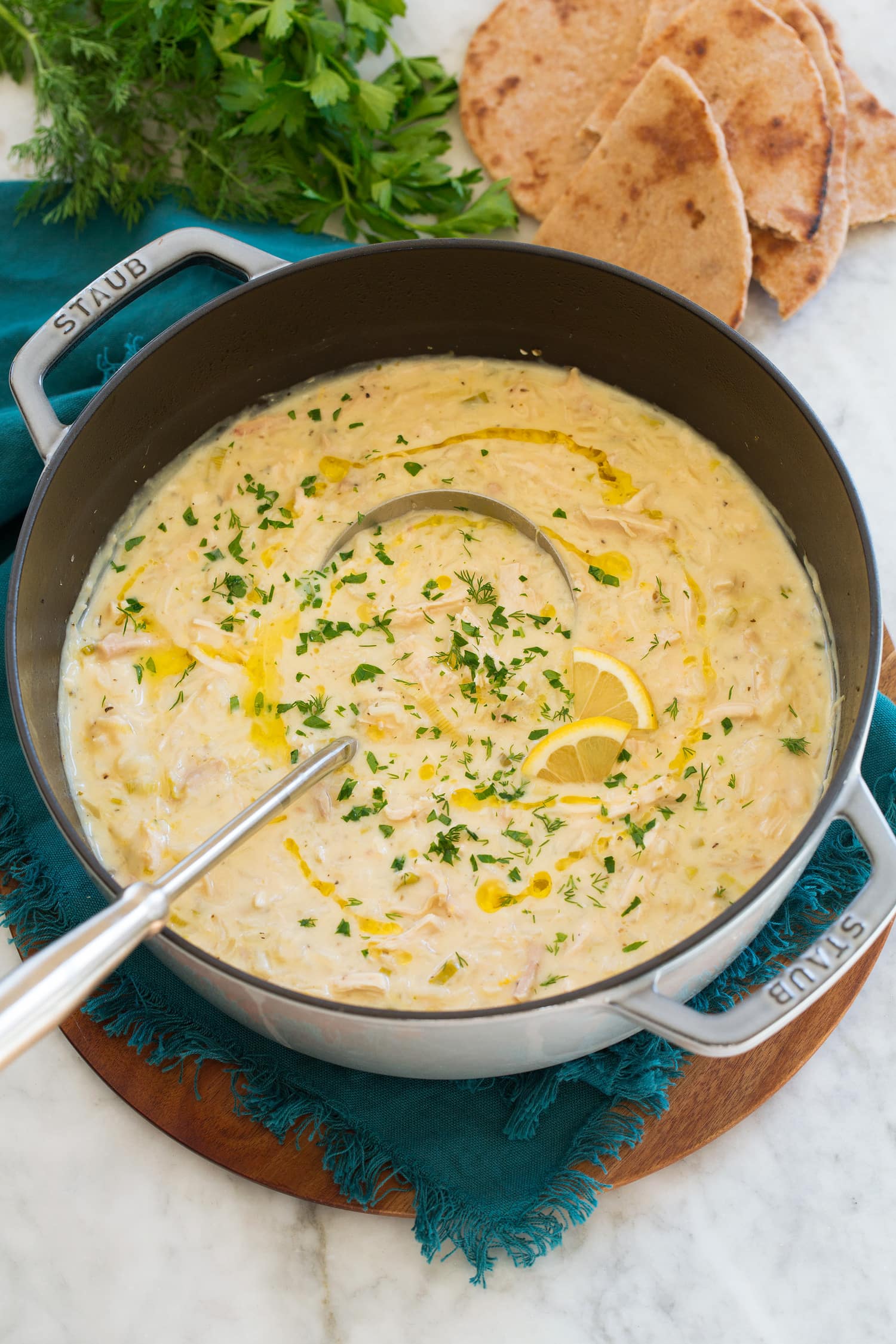 Avgolemono Soup Pot full of avgolemono soup.
