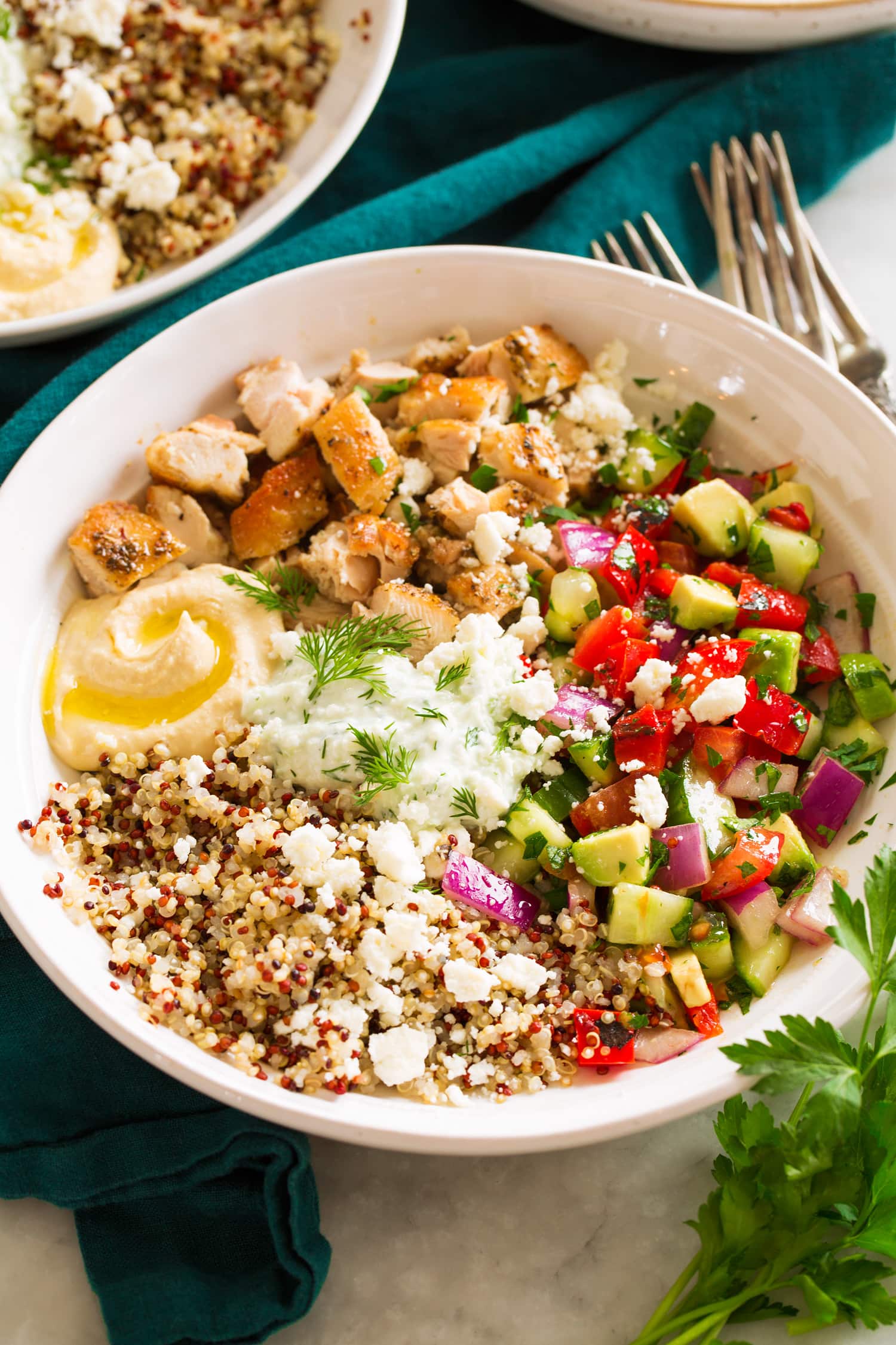 Greek Bowls Close up photo of healthy Greek bowl.