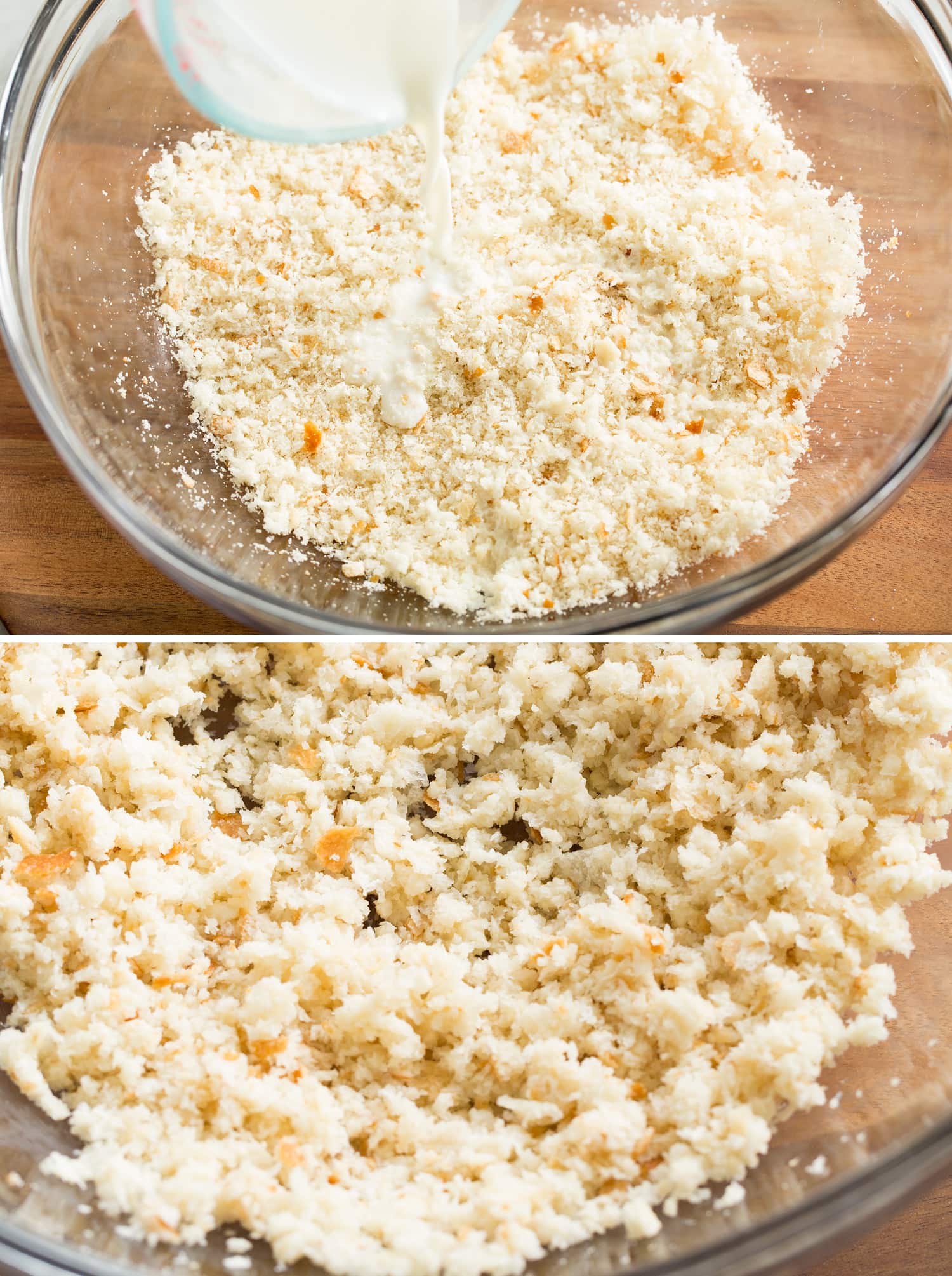 Greek Meatballs Keftedes Making homemade fresh breadcrumbs and soaking with milk.