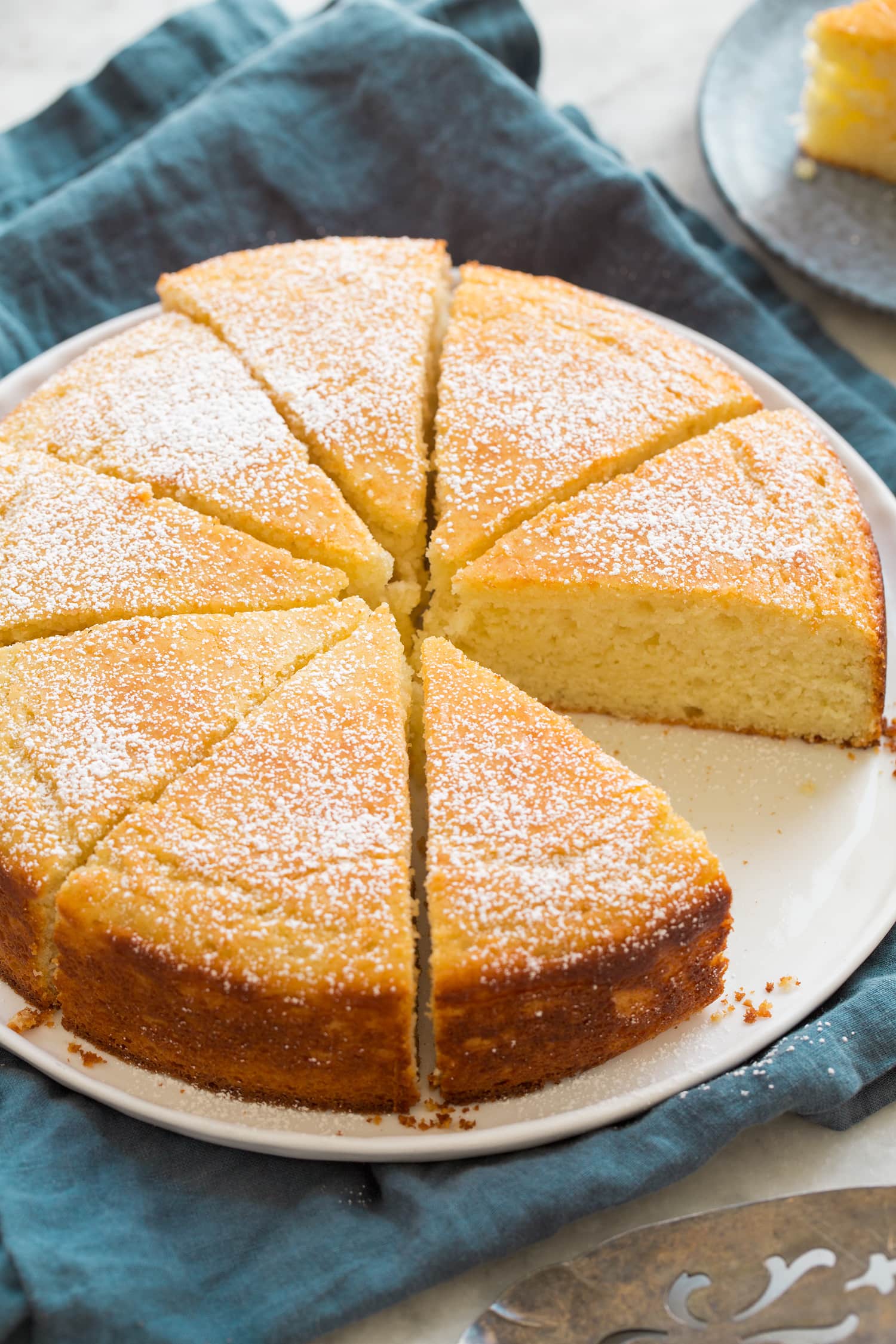 Yogurt Cake Completed baked yogurt cake sliced with powdered sugar garnished over.