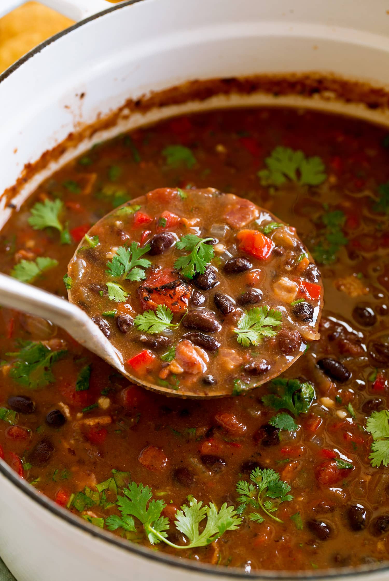Black Bean Soup Ladle full of black bean soup.