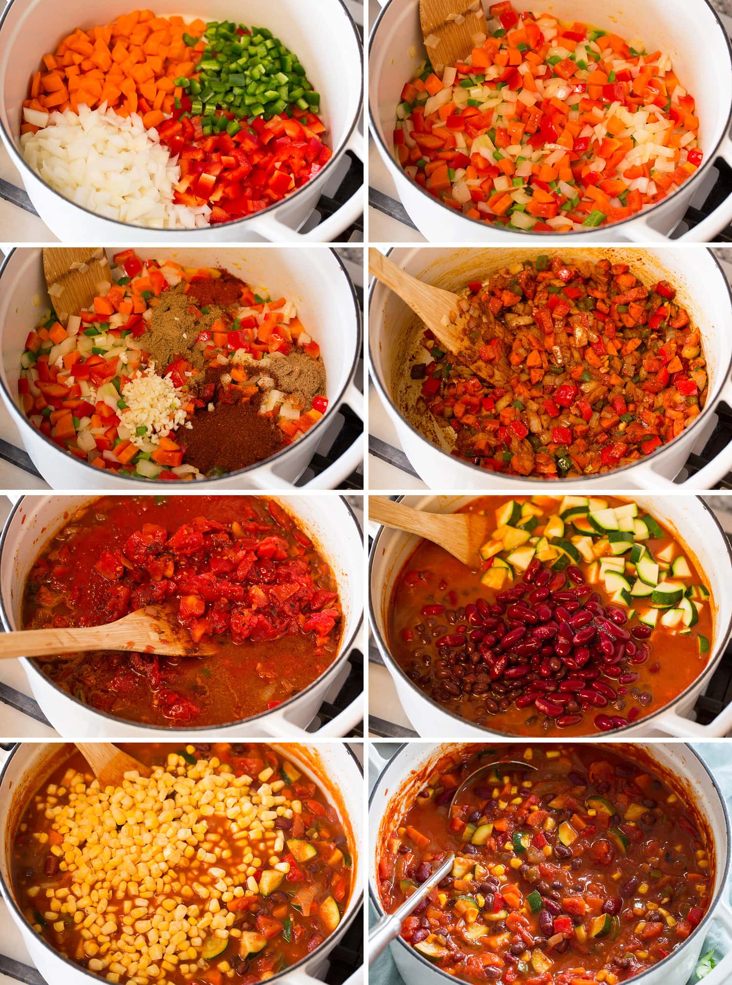 Vegetarian Chili Steps showing how to make vegetarian chili in a pot on the stovetop.