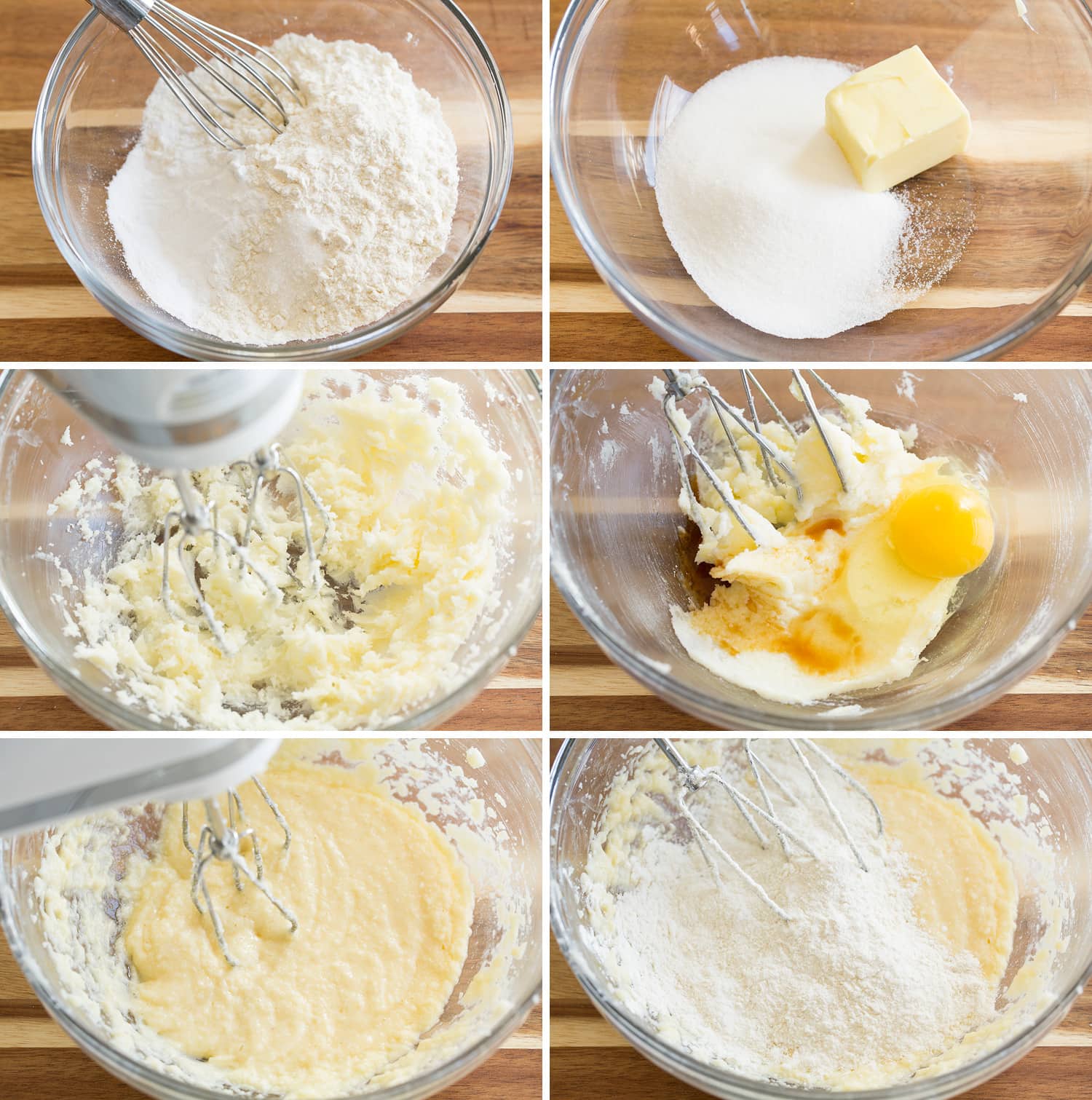 Mini Cupcakes Steps of making cupcake batter in a glass bowl with an electric mixer.