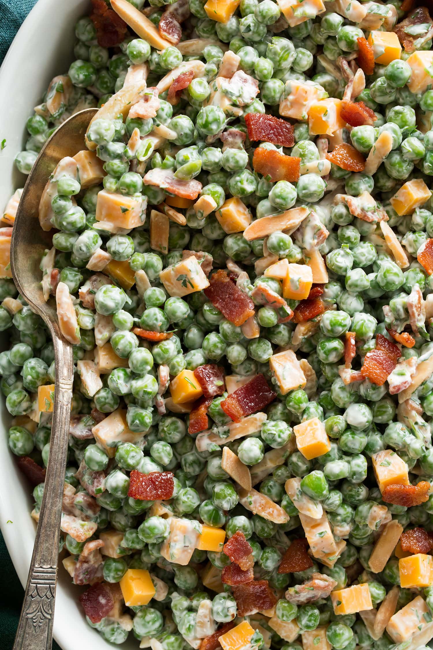 Pea Salad Close up overhead photo of creamy pea salad.