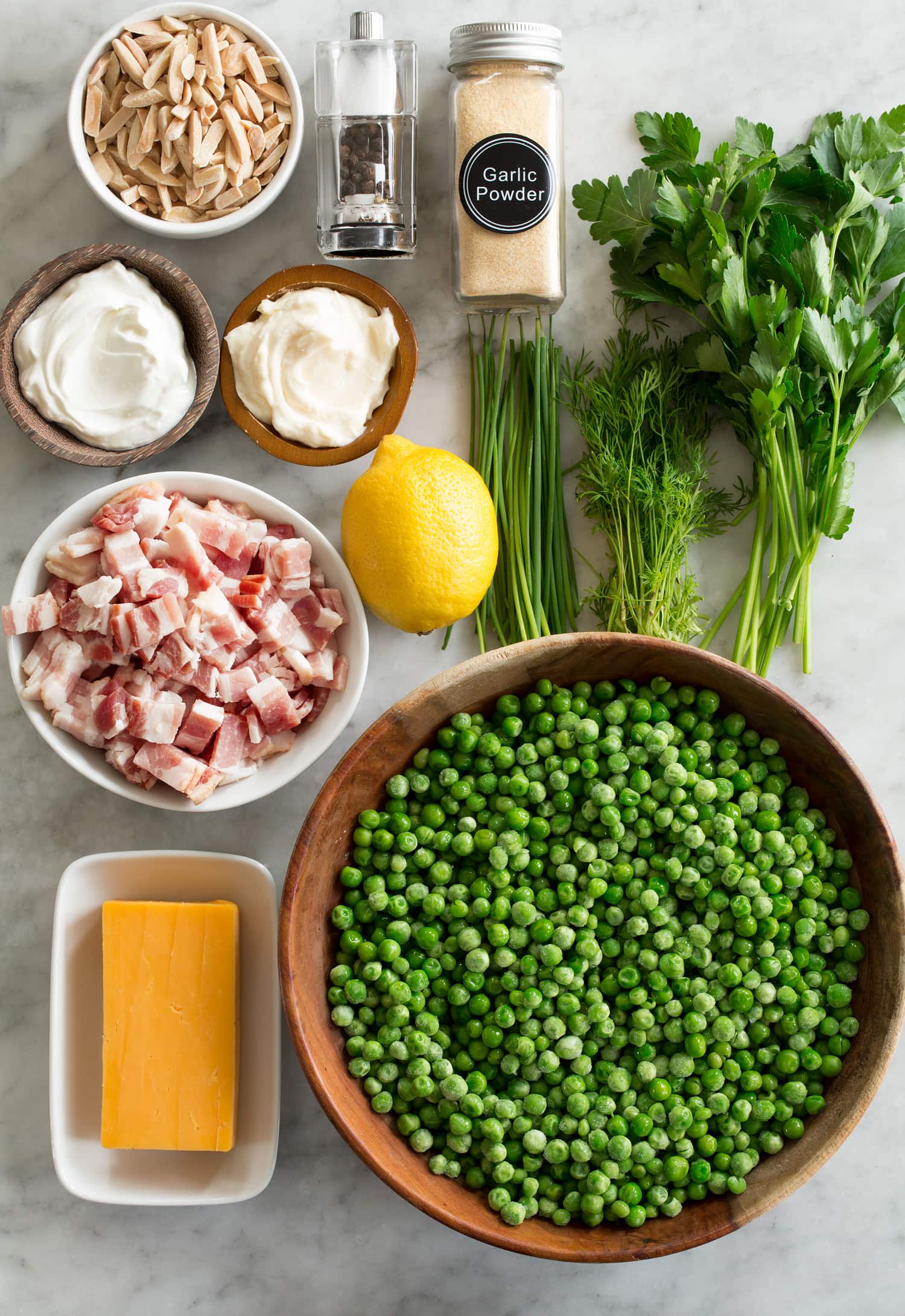 Pea Salad Ingredients used to make pea salad.