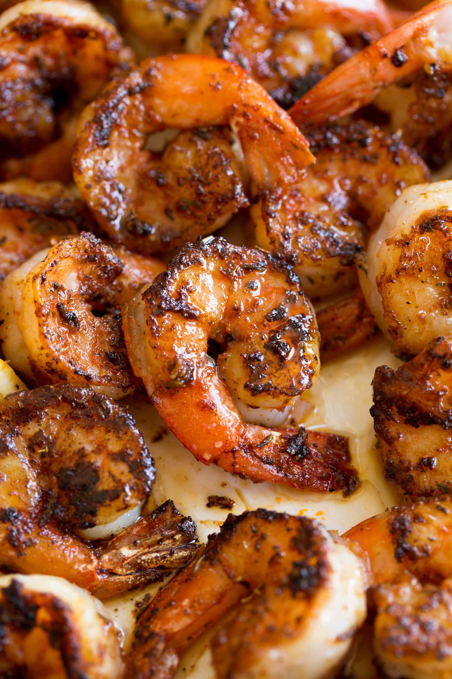 Blackened Shrimp Close up photo of seasoned blackened shrimp.