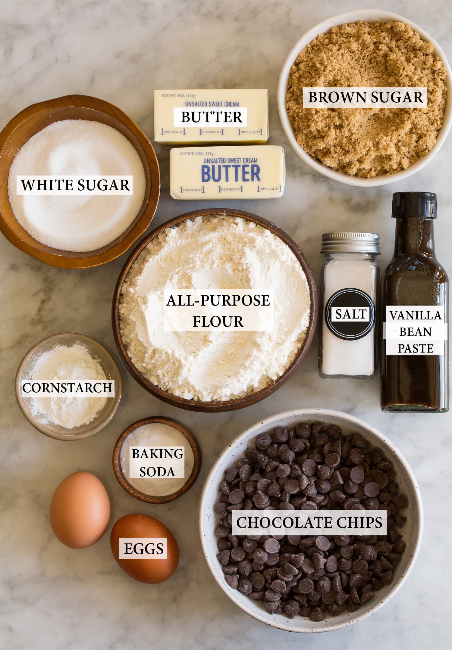 Browned Butter Chocolate Chip Cookies Ingredients used to make browned butter chocolate chip cookies.