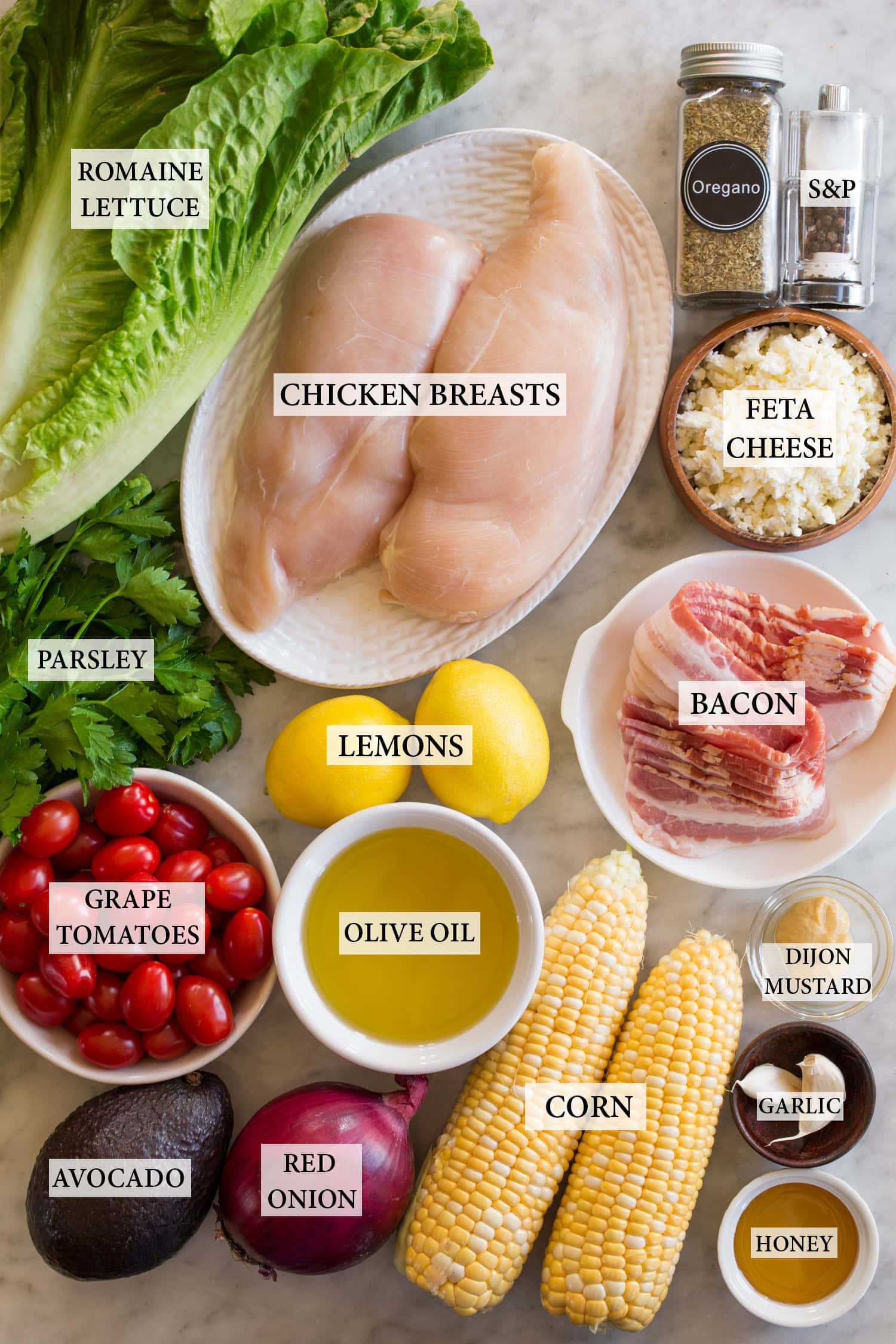 Grilled Chicken Salad Ingredients used to make a grilled chicken salad.
