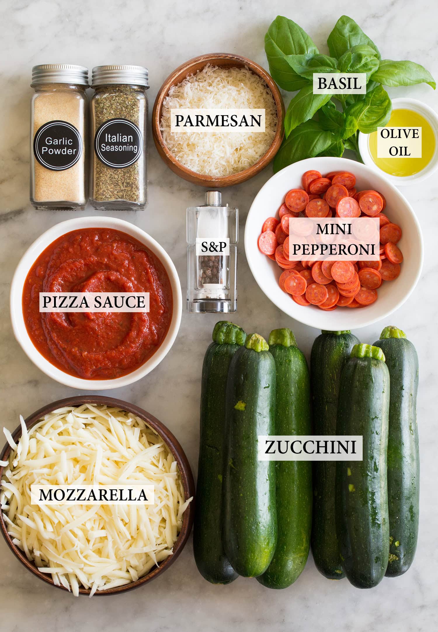 Zucchini Pizza Ingredients used for zucchini pizza.