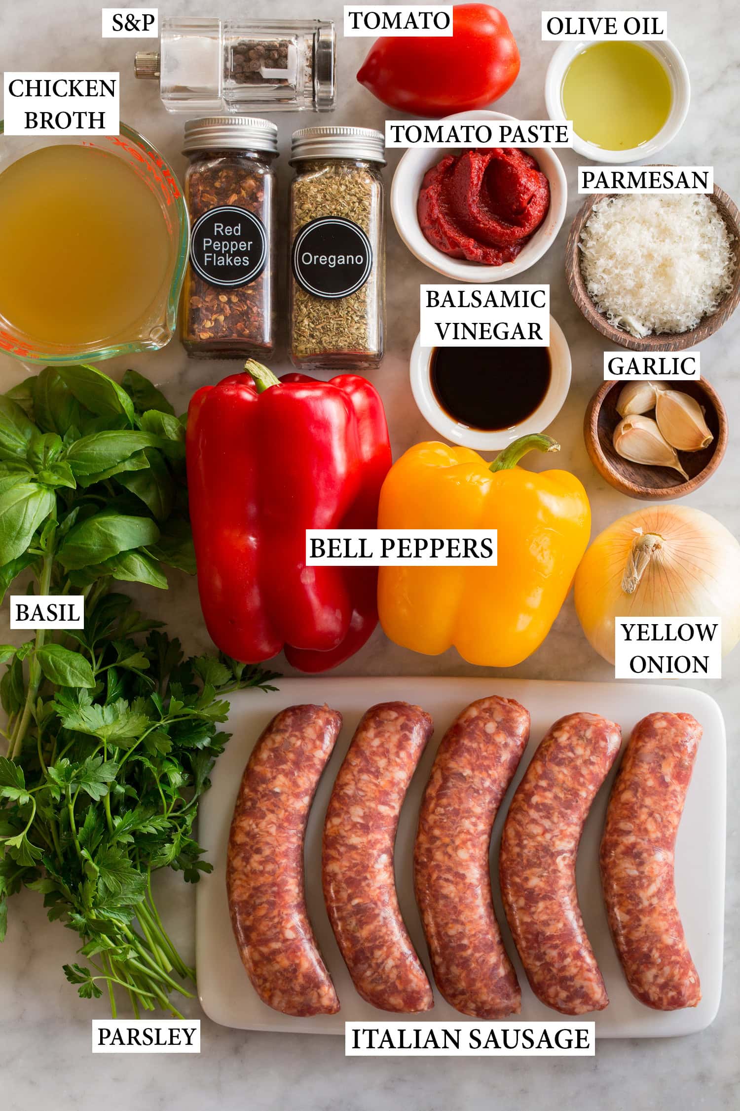 Italian Sausage Peppers and Onions Ingredients needed to make sausage and peppers.