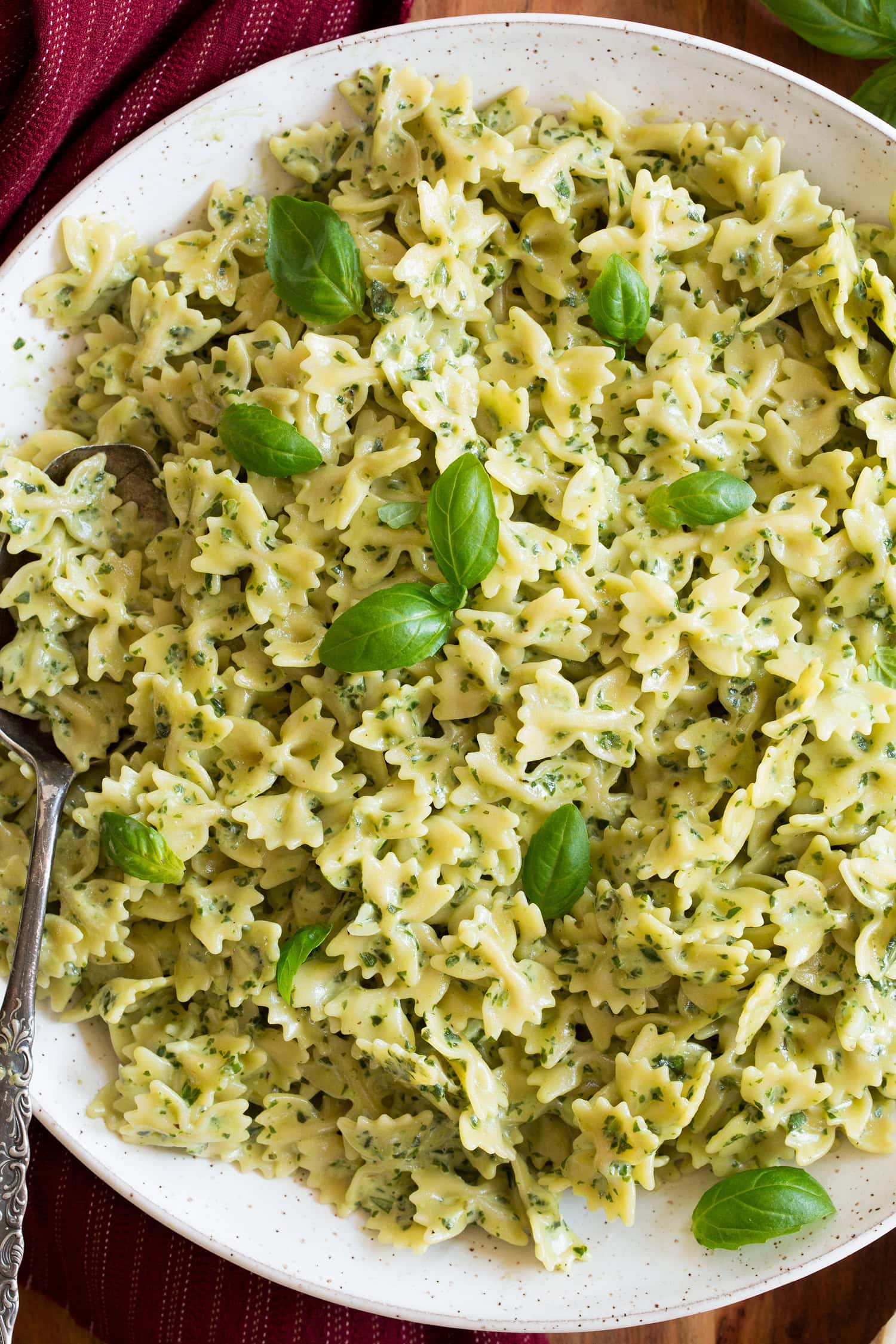 Creamy Pesto Pasta Close up photo of creamy pesto pasta.