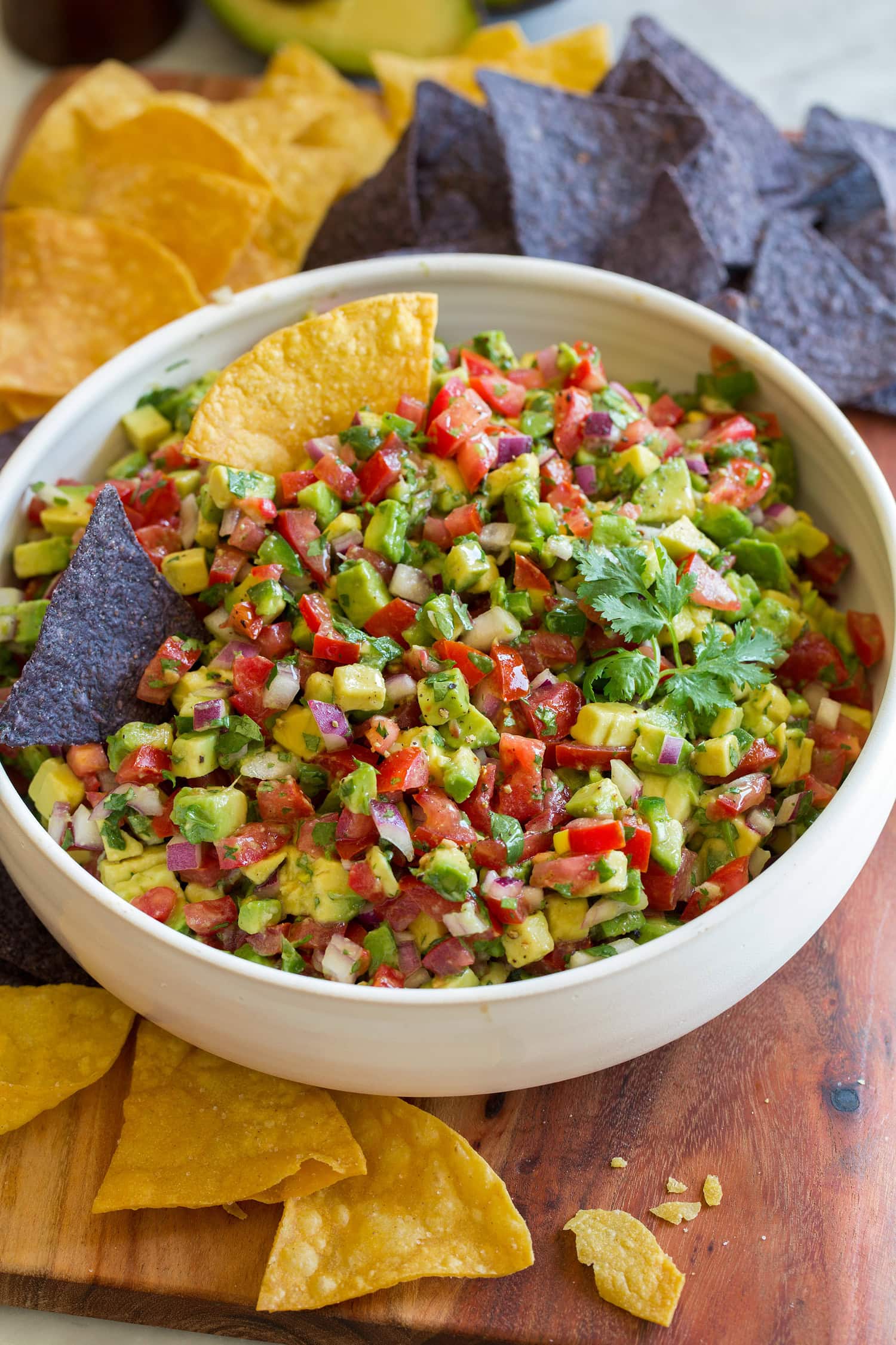 Avocado Salsa Avocado salsa shown with tortilla chips for dipping.