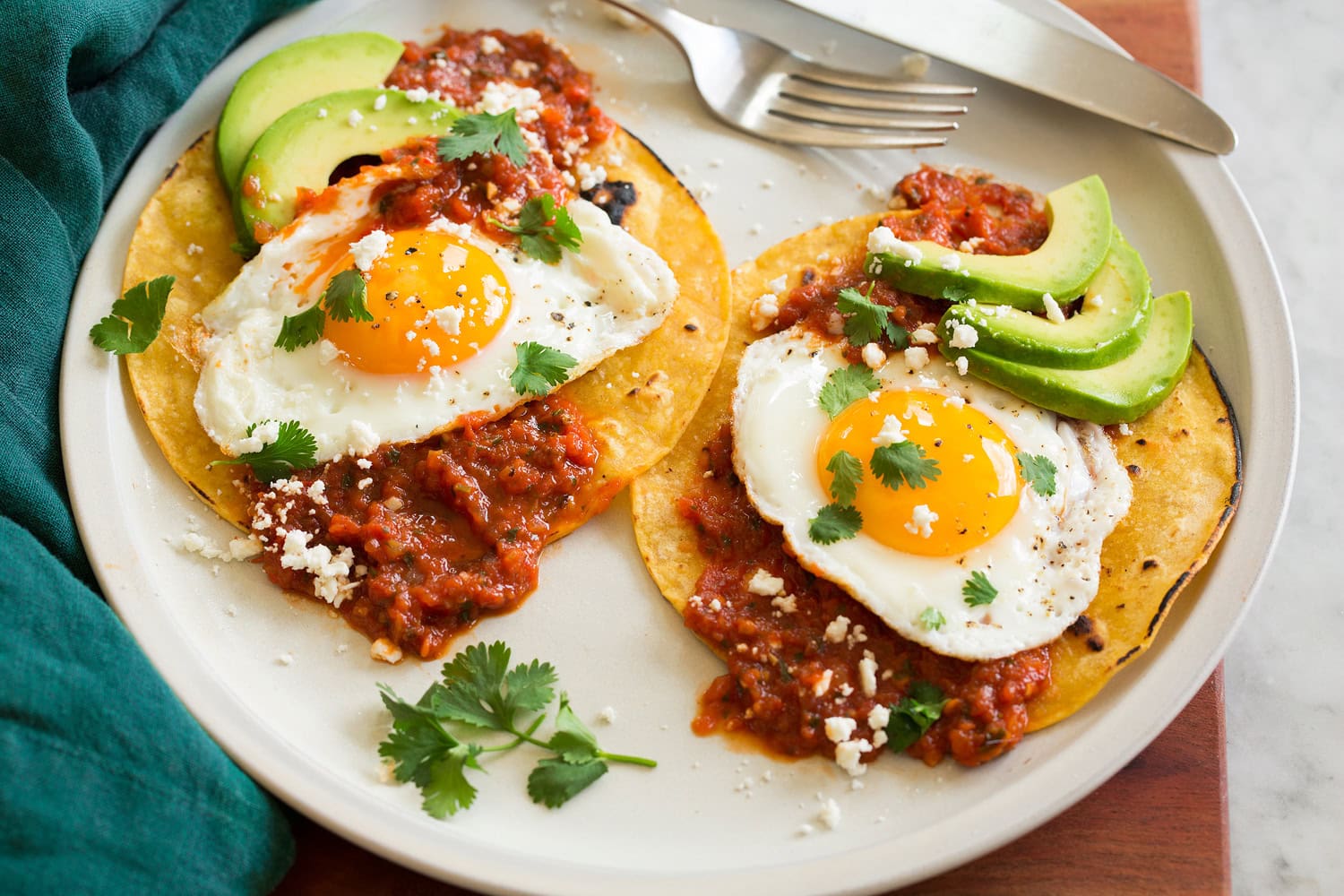 Huevos Rancheros Assembled huevos rancheros shown.